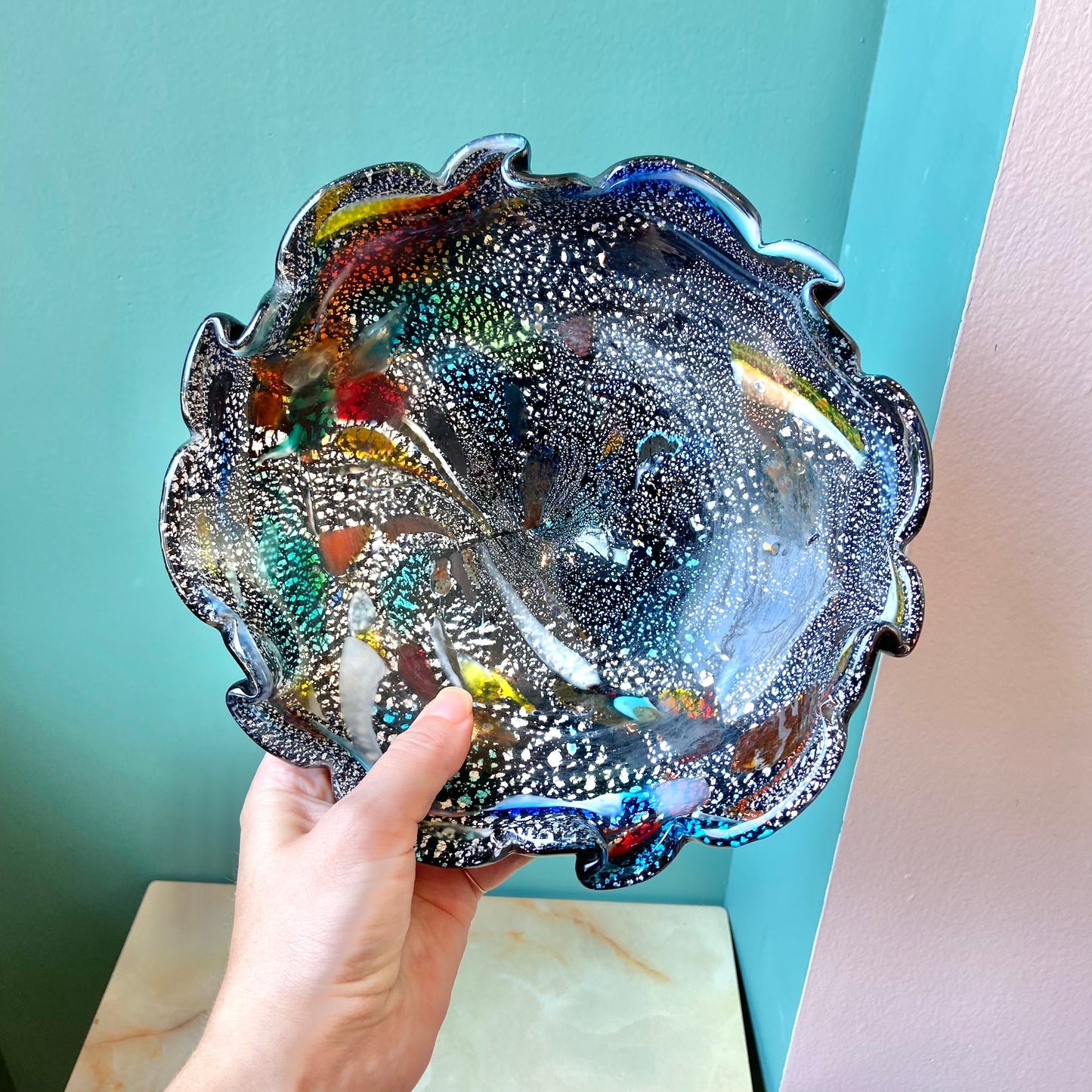 Vintage Colorful Murano Style Hand Blown Glass Bowl