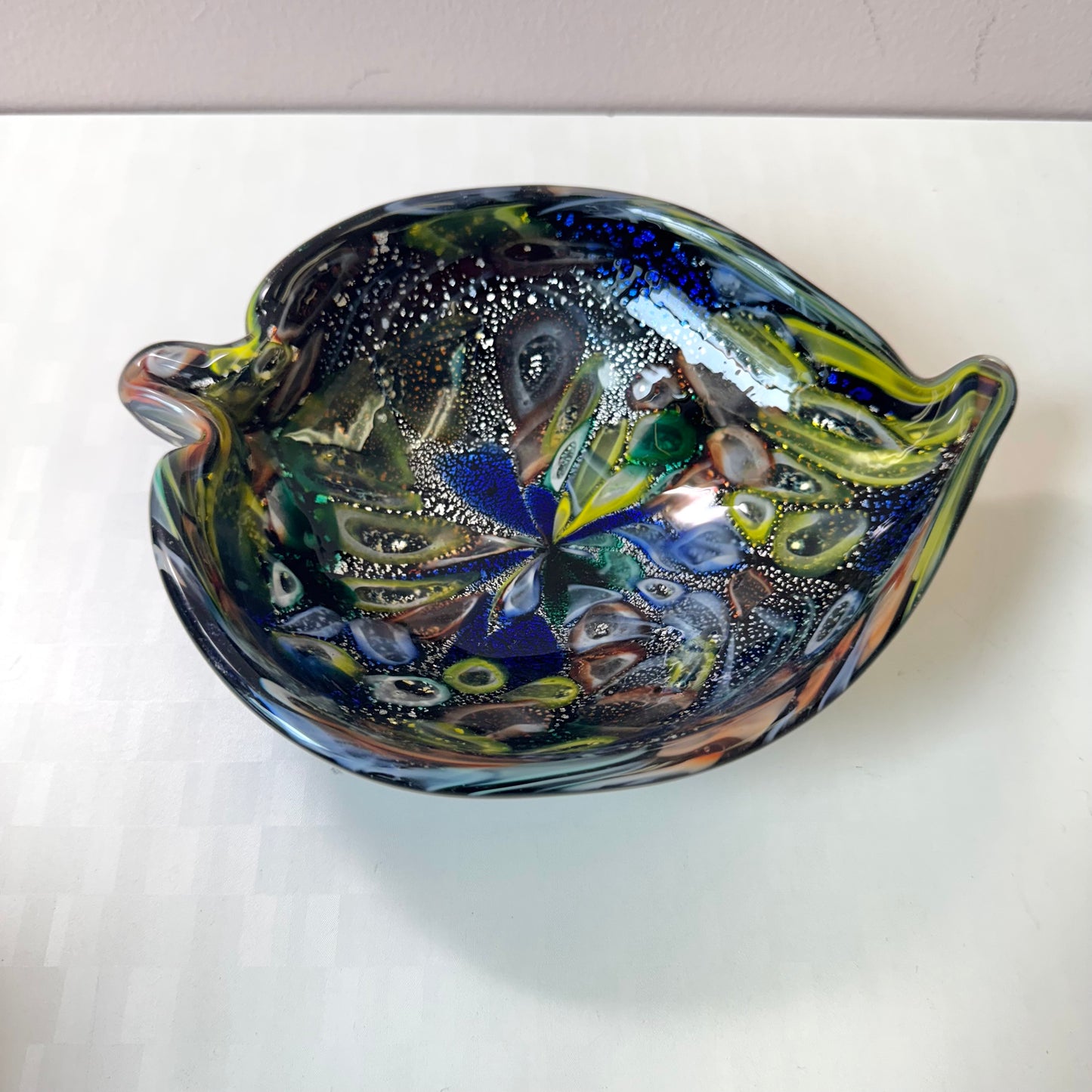 Vintage Black and Silver Leaf Millefiori Murano Glass Bowl