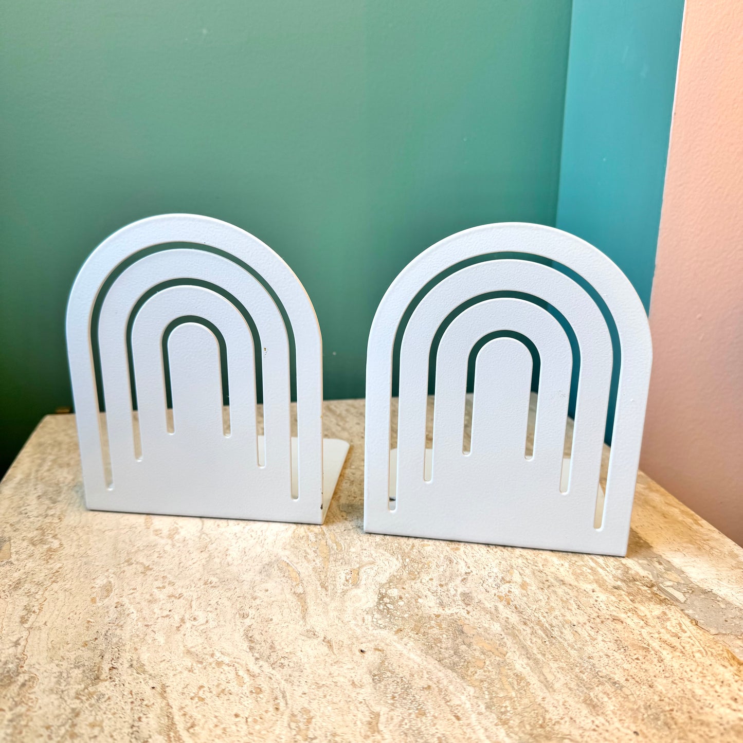 Pair of Vintage White Spectrum Arch Metal Bookends