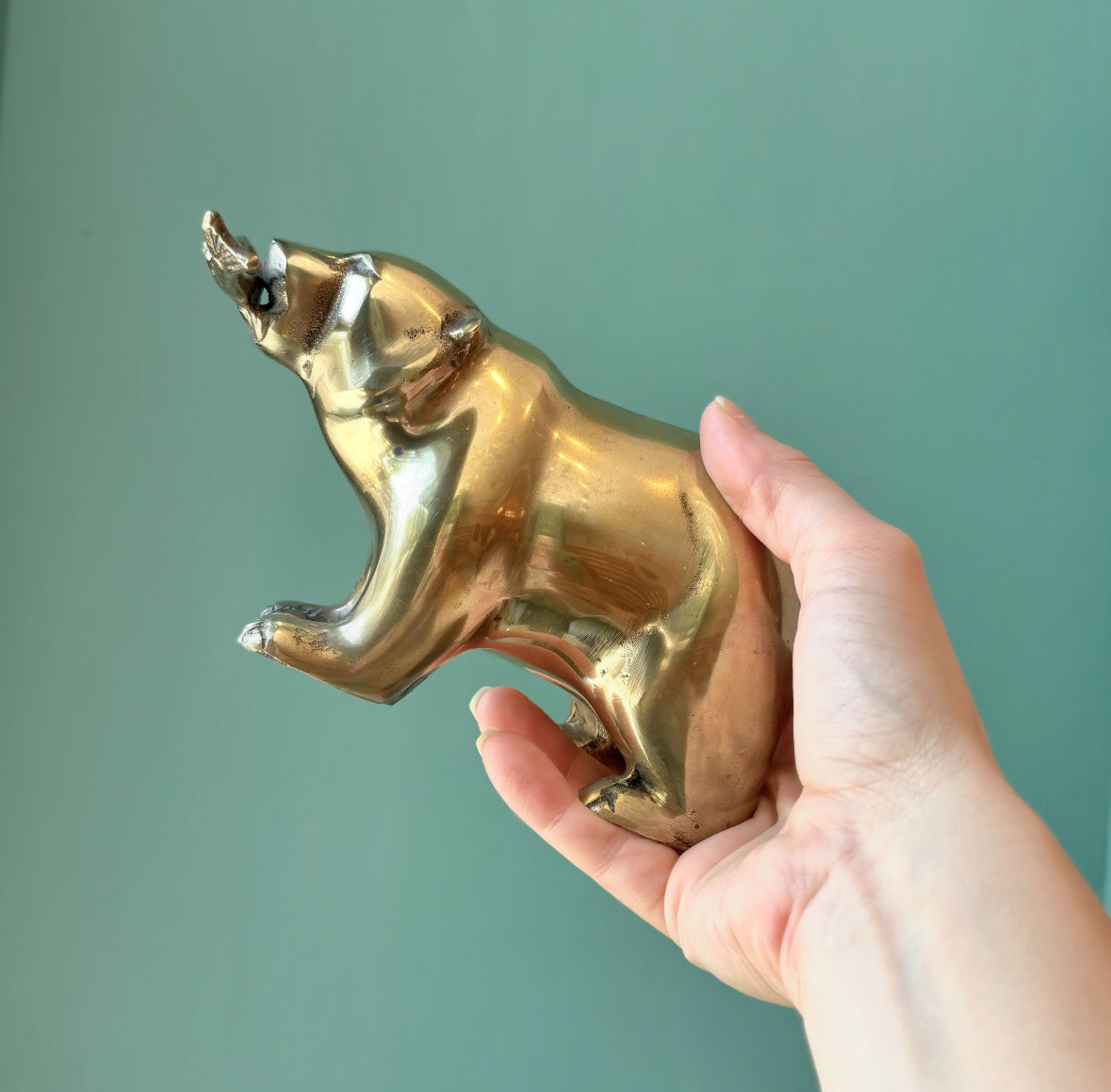 Vintage Brass Bear with Fish in Mouth Figurine
