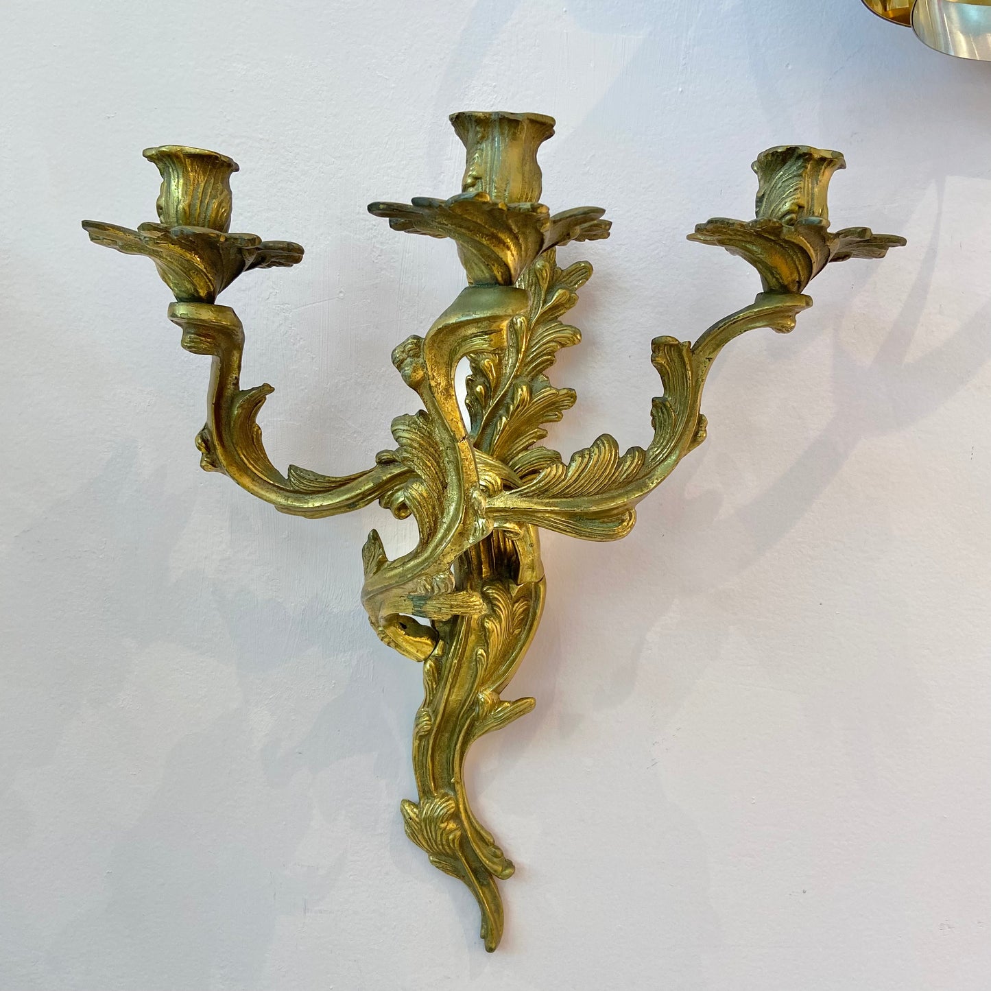 Pair of Antique Louis XV Rococo Style Brass 3 Arm Candle Sconces