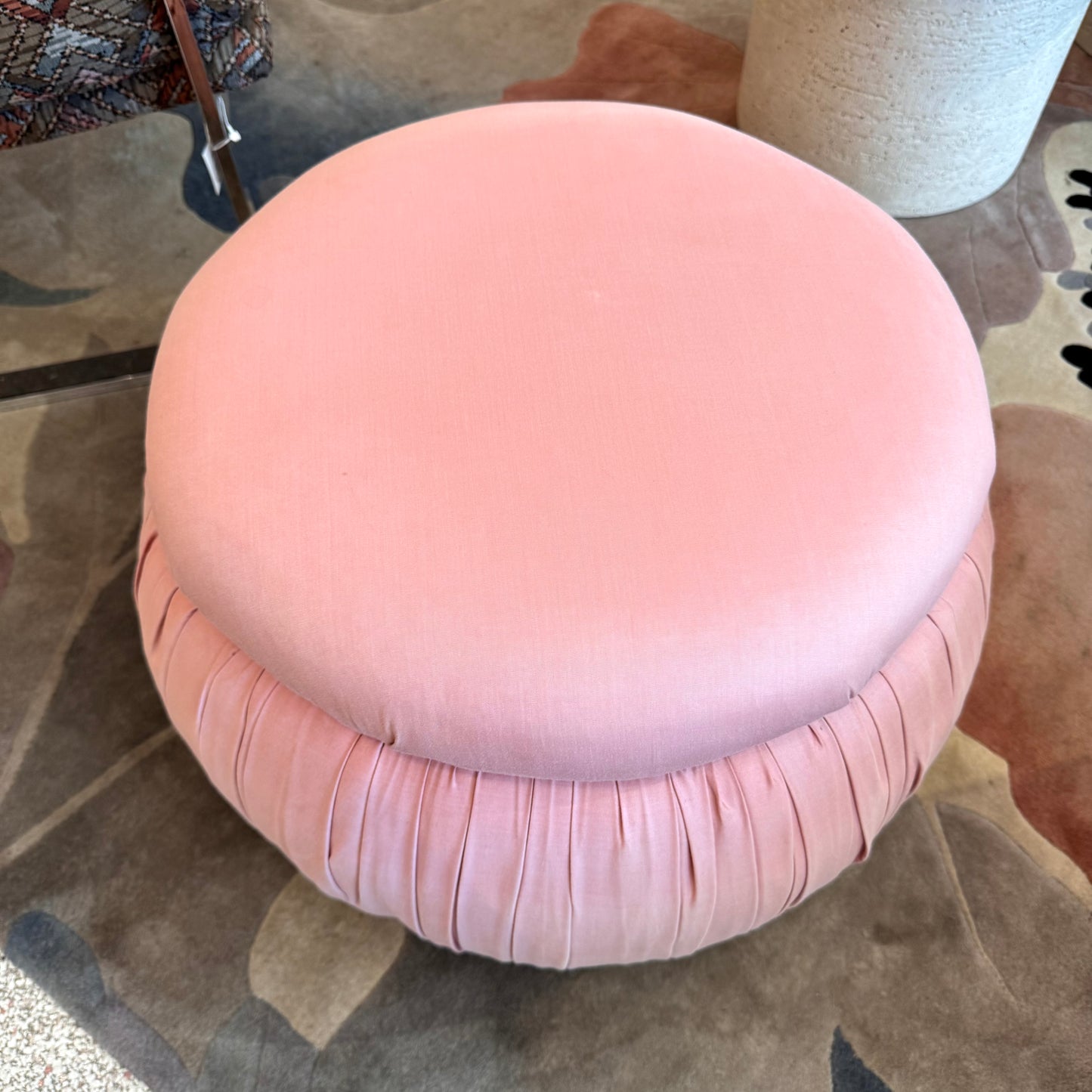 Vintage Pink Pouf Ottoman on Wheels