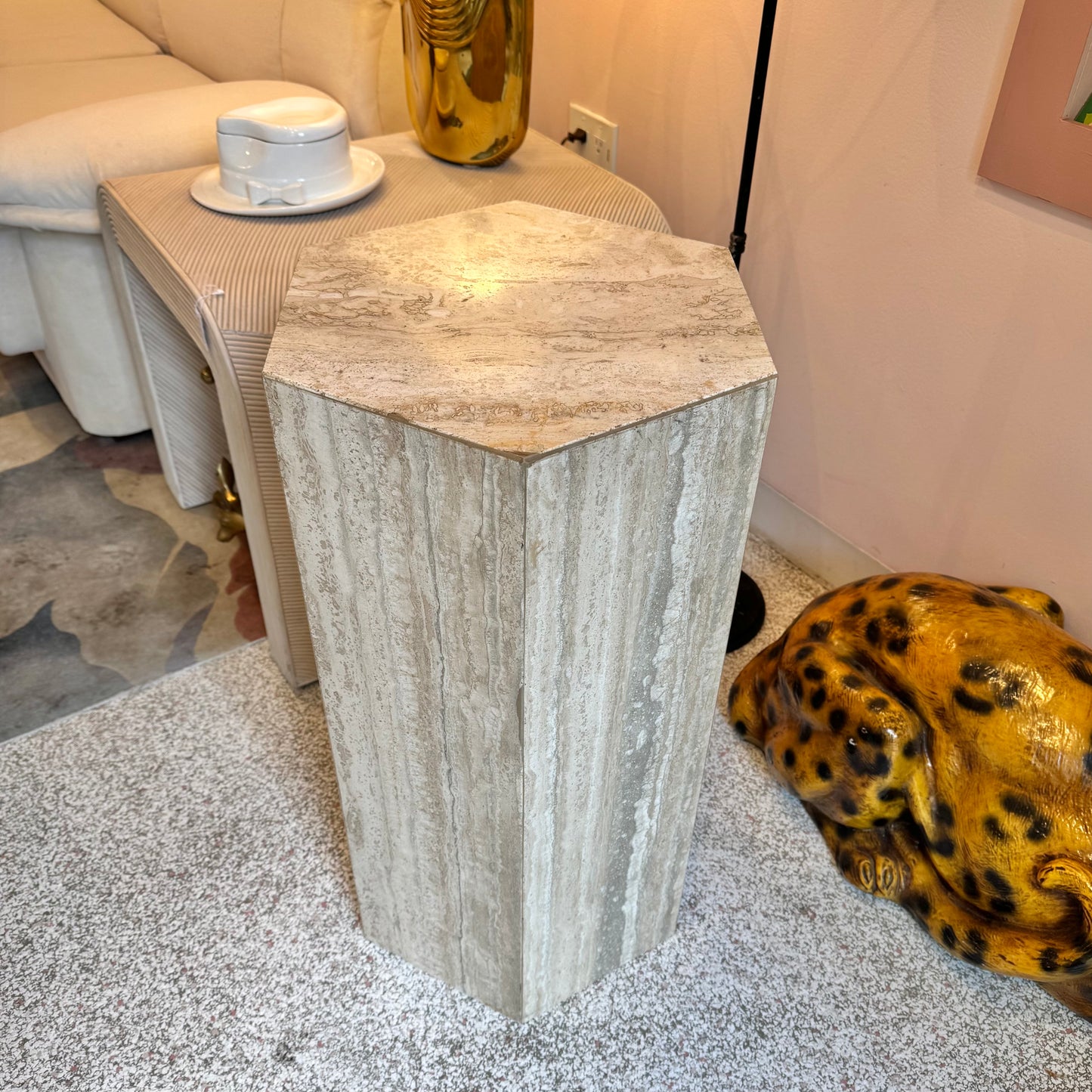 Vintage Hexagonal Travertine Pedestal