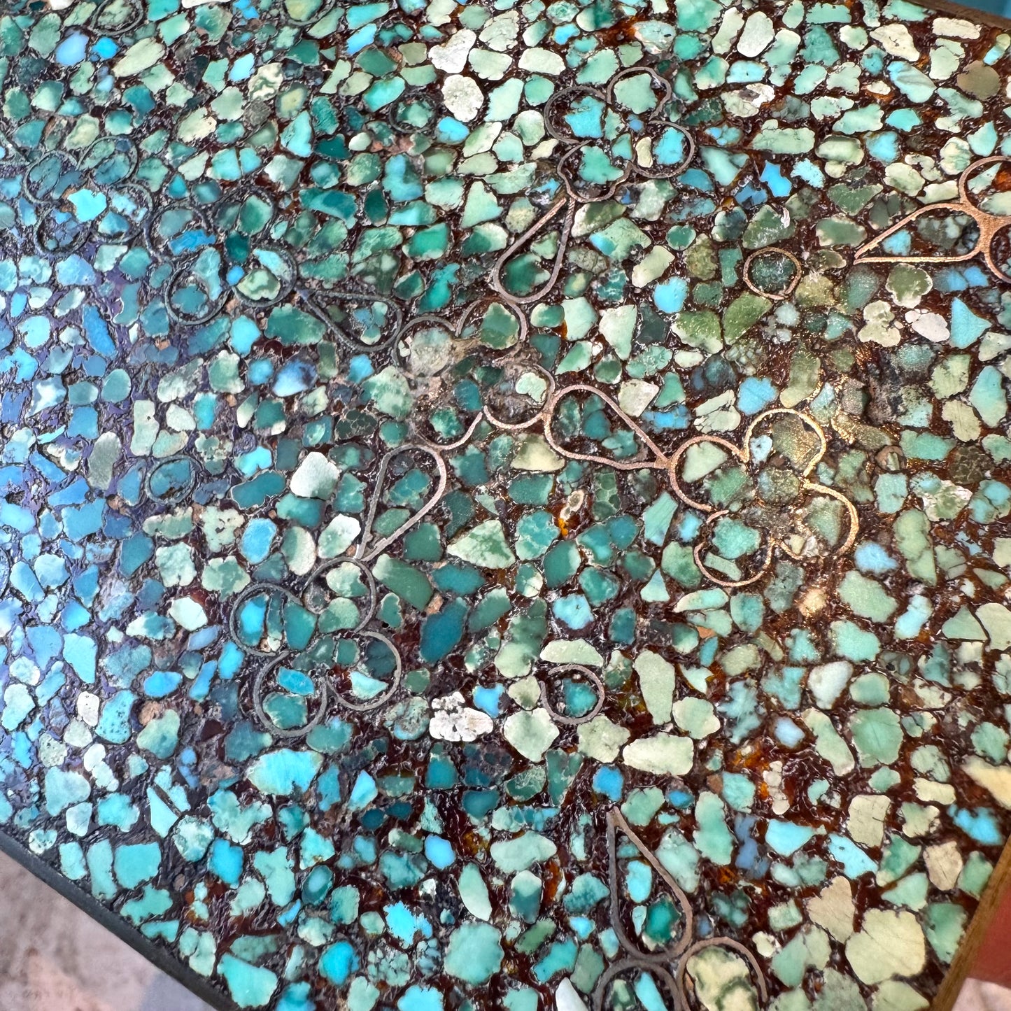Antique Brass Box with Mosaic Turquoise Stone Design