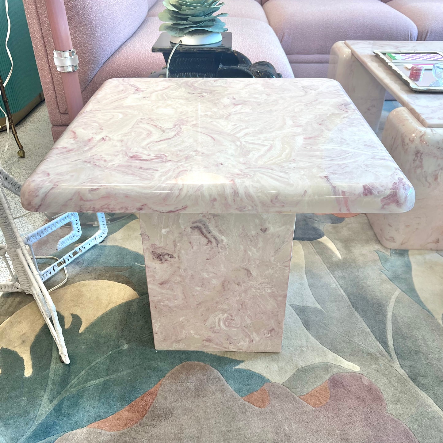 Vintage Square Pink Marble Resin Side Table
