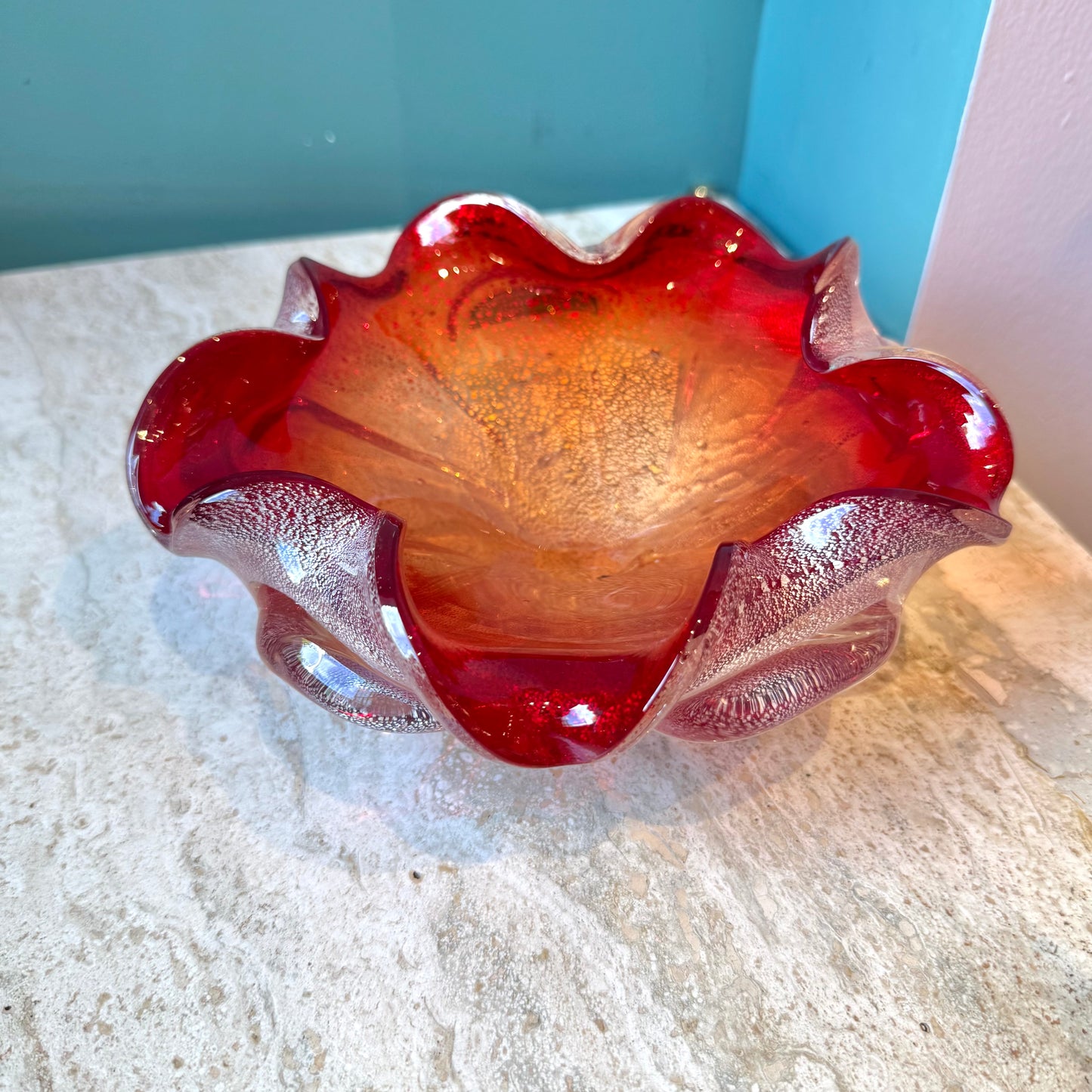 Vintage Red and Silver Leaf Murano Glass Bowl