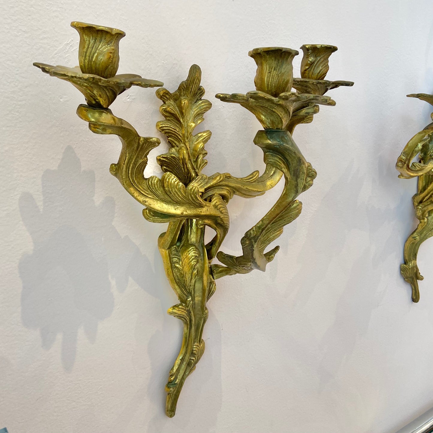 Pair of Antique Louis XV Rococo Style Brass 3 Arm Candle Sconces