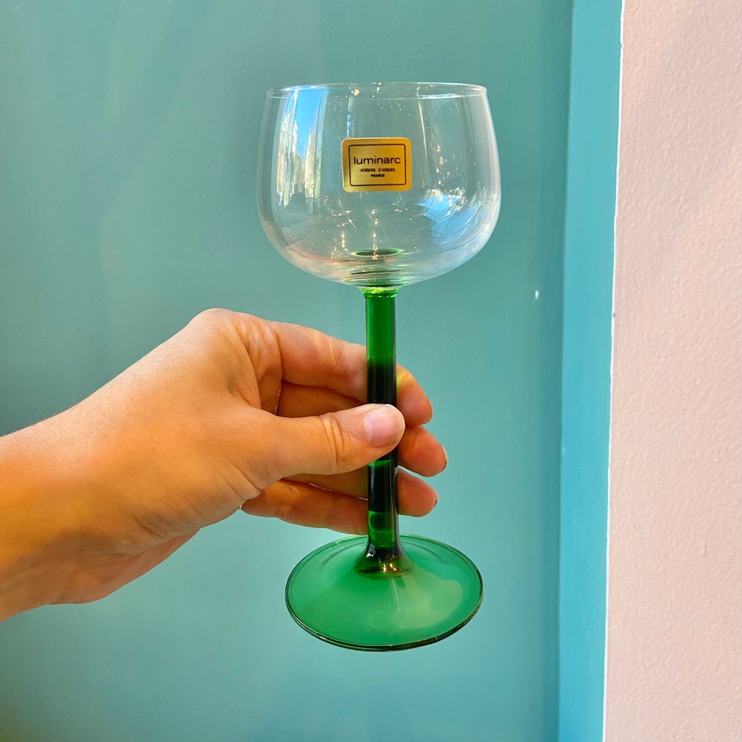 Set of 6 Vintage French Luminarc Green Stem Wine Glasses