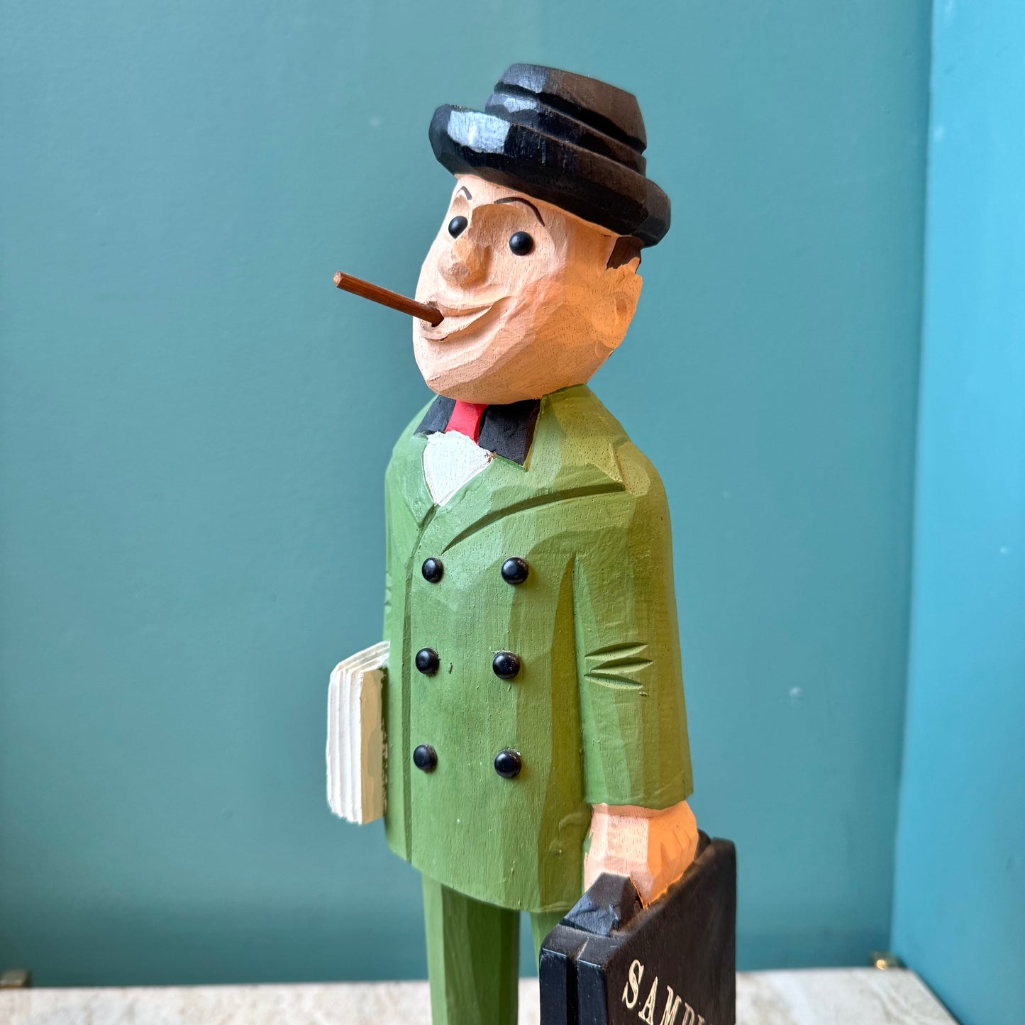 Vintage Hand Carved Wooden Salesman Statue