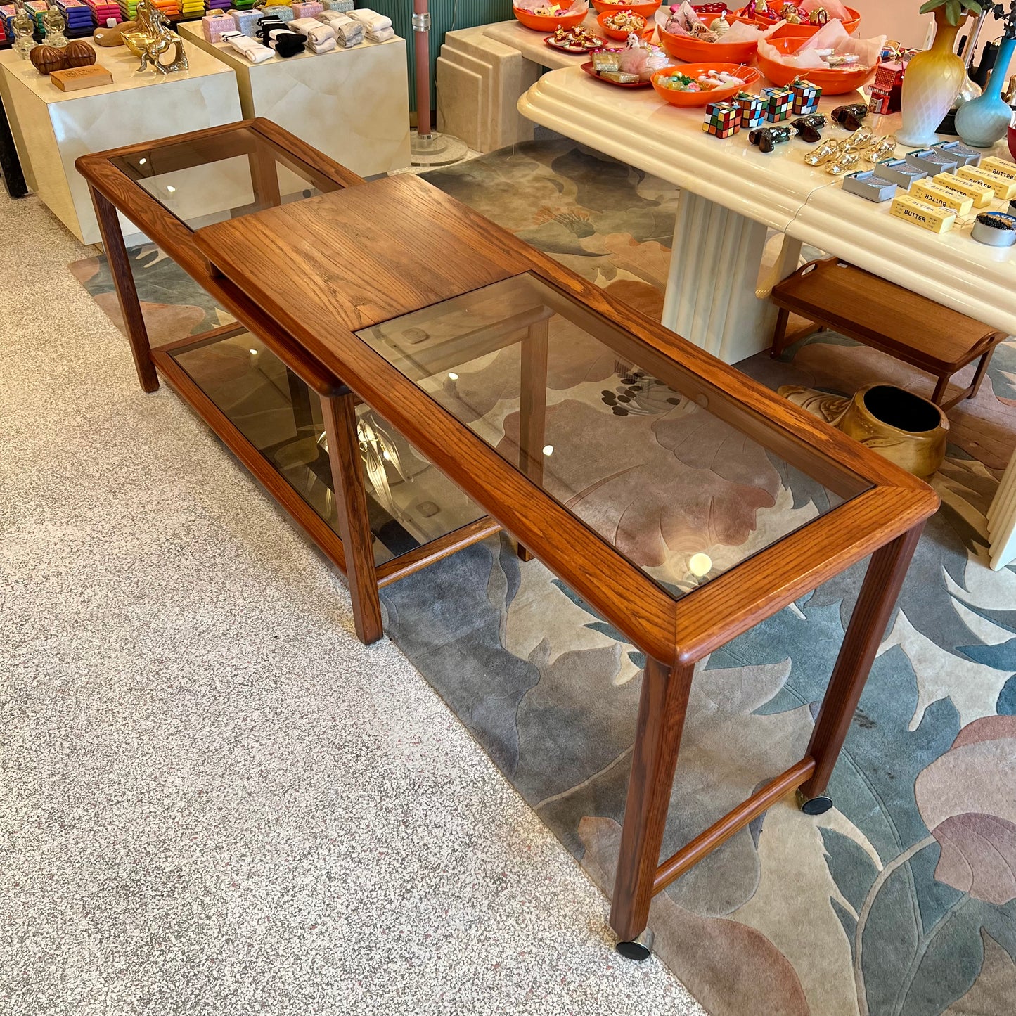 Vintage Lou Hodges Style Oak and Smoked Glass Swiveling Console/Desk