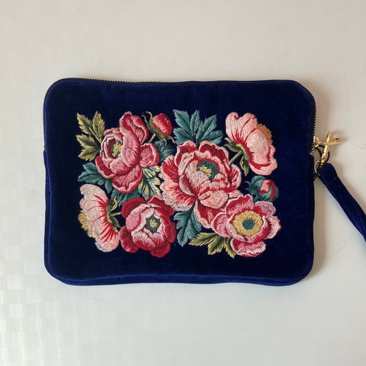 Royal Blue Velvet Embroidered Everything Pouch - Peony Flowers