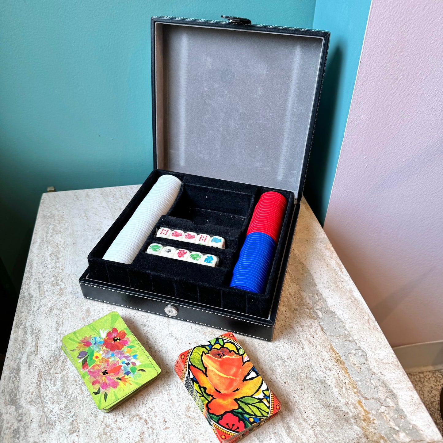 Vintage Black Faux Leather Poker Playing Card Box Set