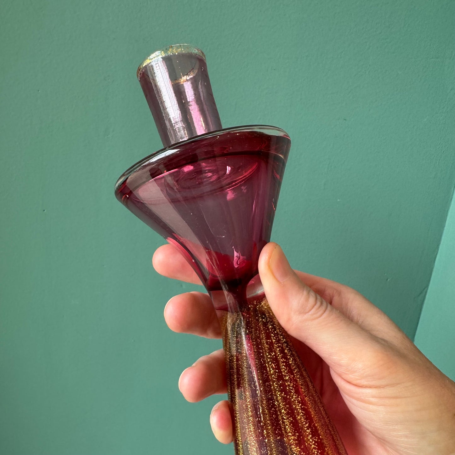 Vintage Tall Pink Murano Glass Candlestick Holder - signed