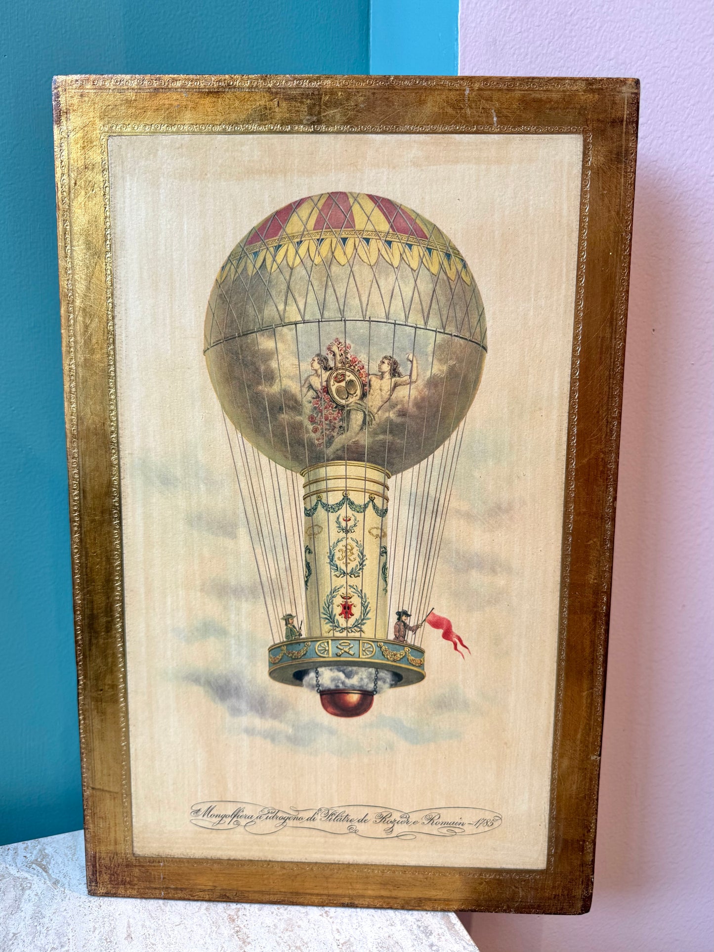 Vintage Italian Hot Air Balloon Artwork with Gold Gilded Border