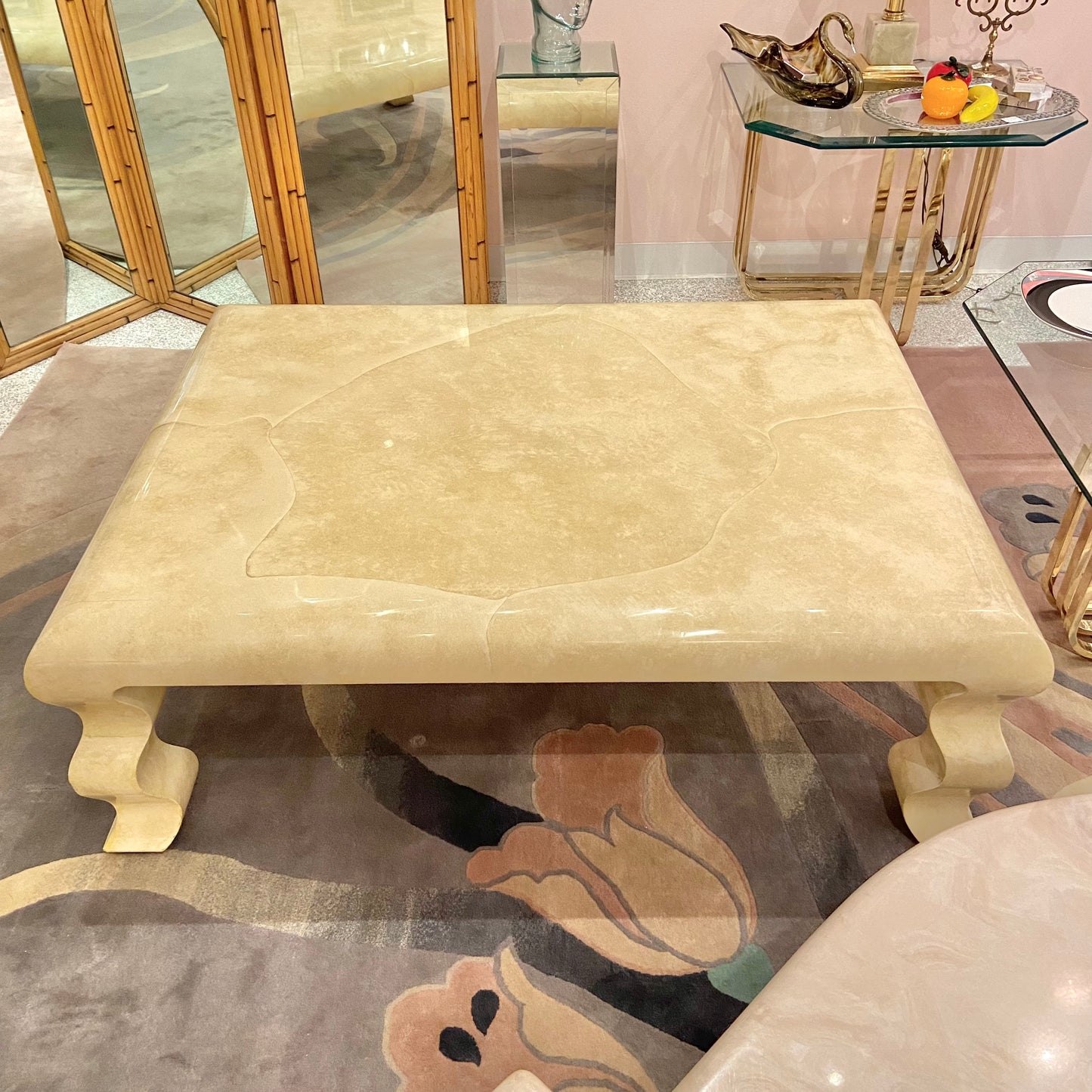 Vintage Faux Goatskin Lacquer Wavy Leg Coffee Table
