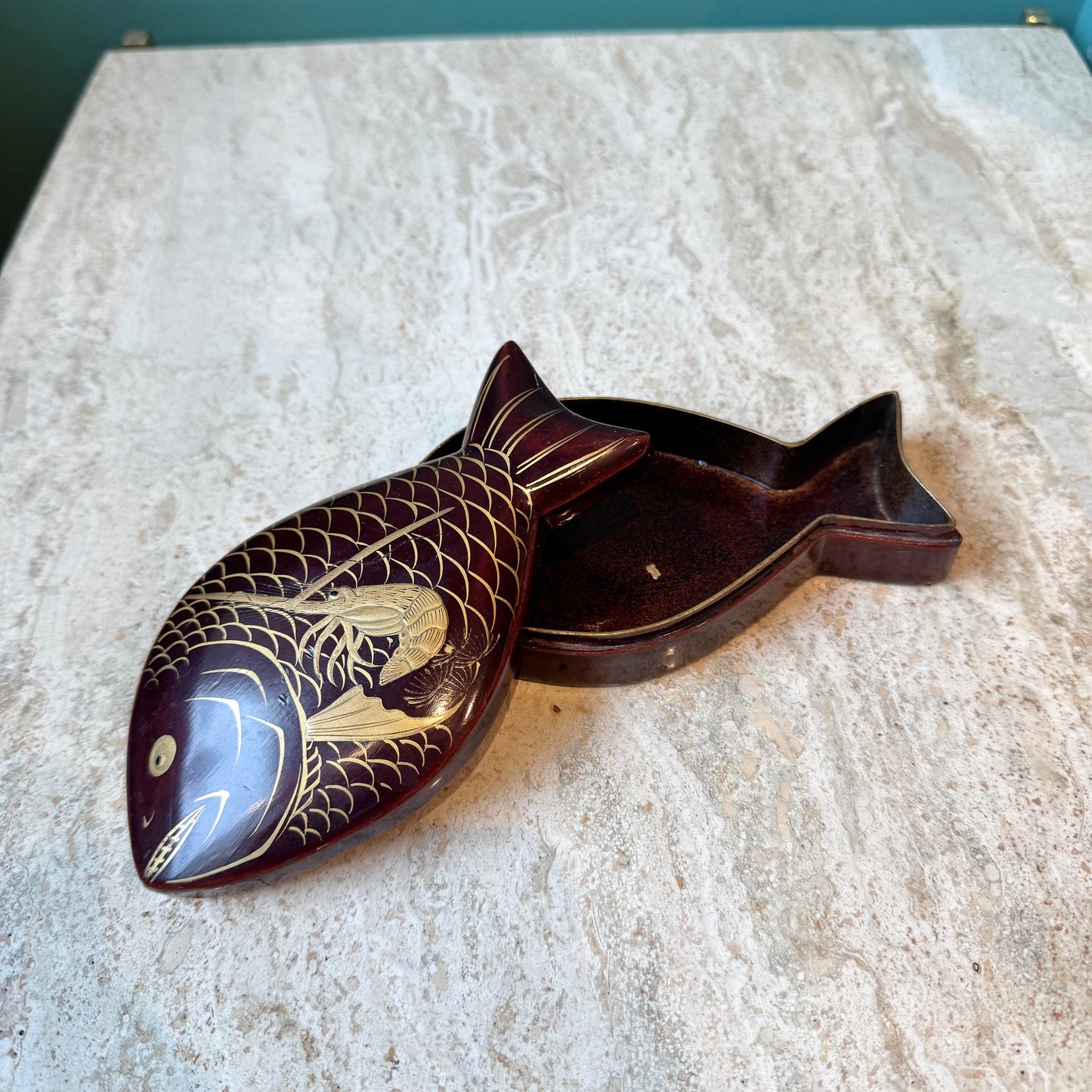 Vintage Brown Lacquered Fish Trinket Box