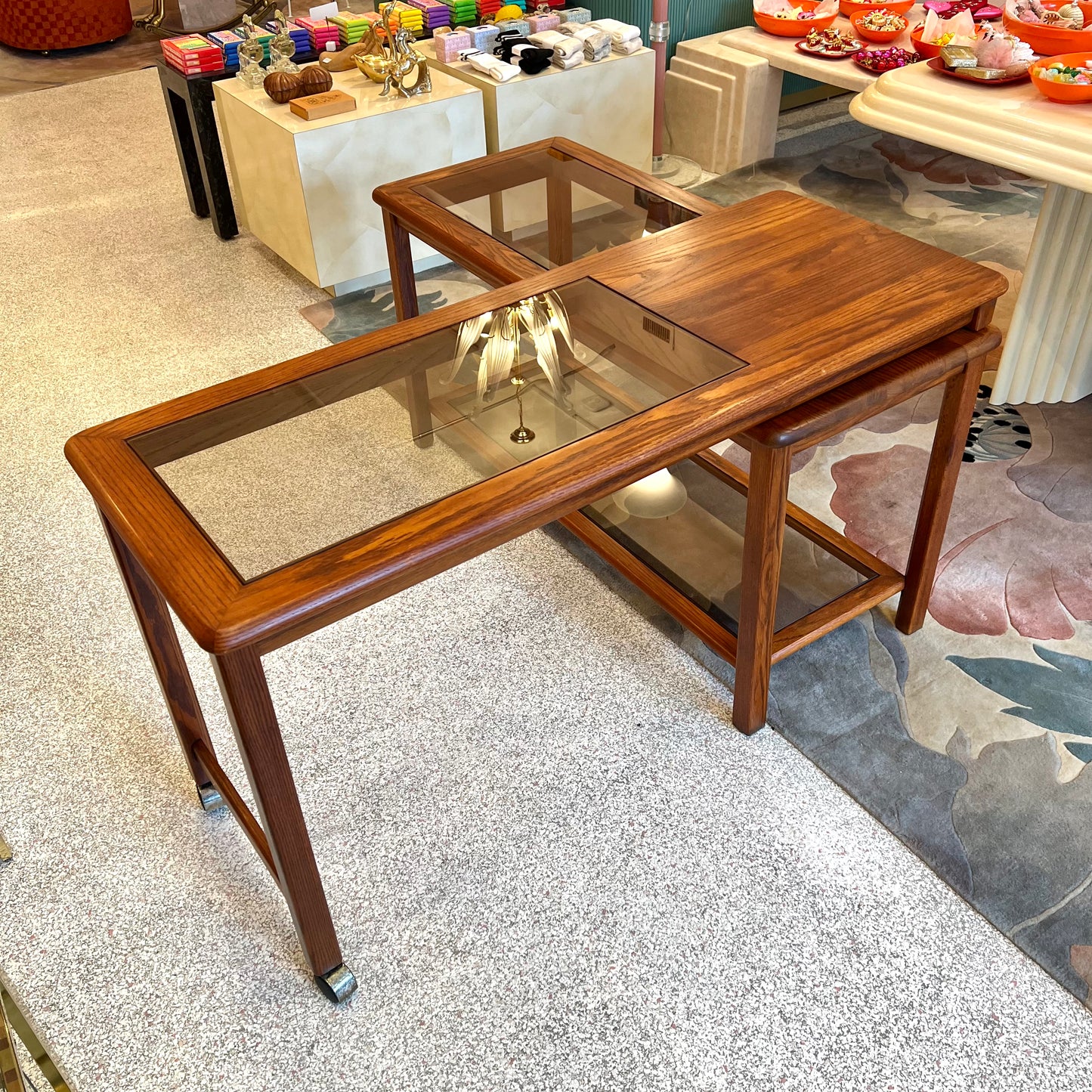Vintage Lou Hodges Style Oak and Smoked Glass Swiveling Console/Desk