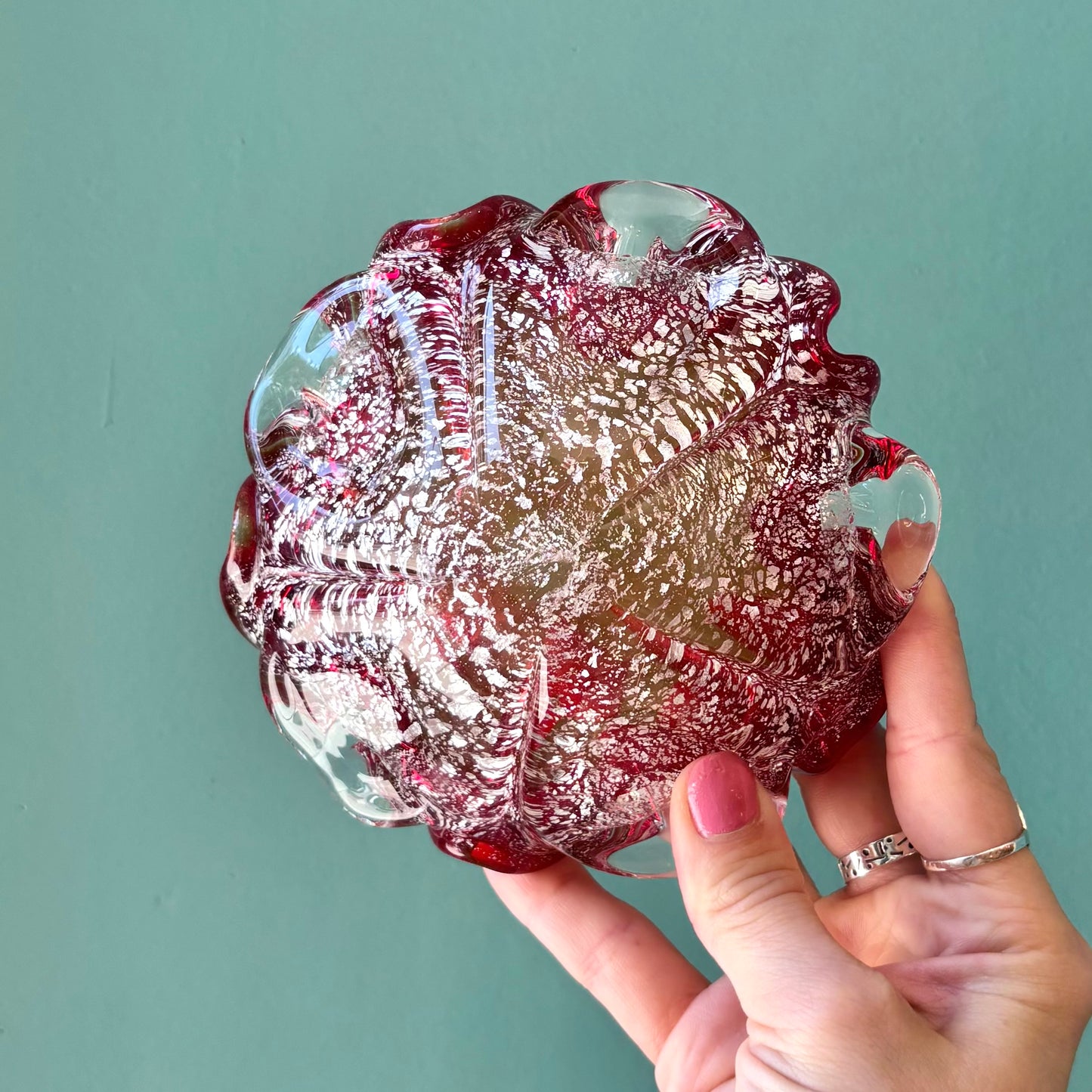 Vintage Red and Silver Leaf Murano Glass Bowl