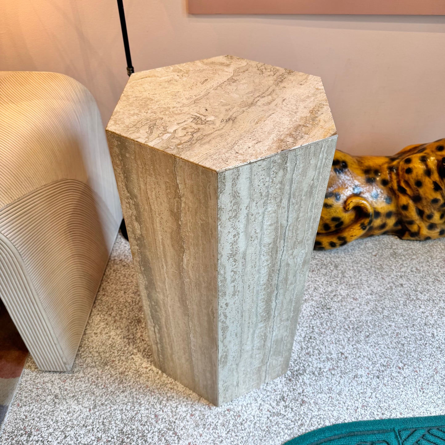 Vintage Hexagonal Travertine Pedestal