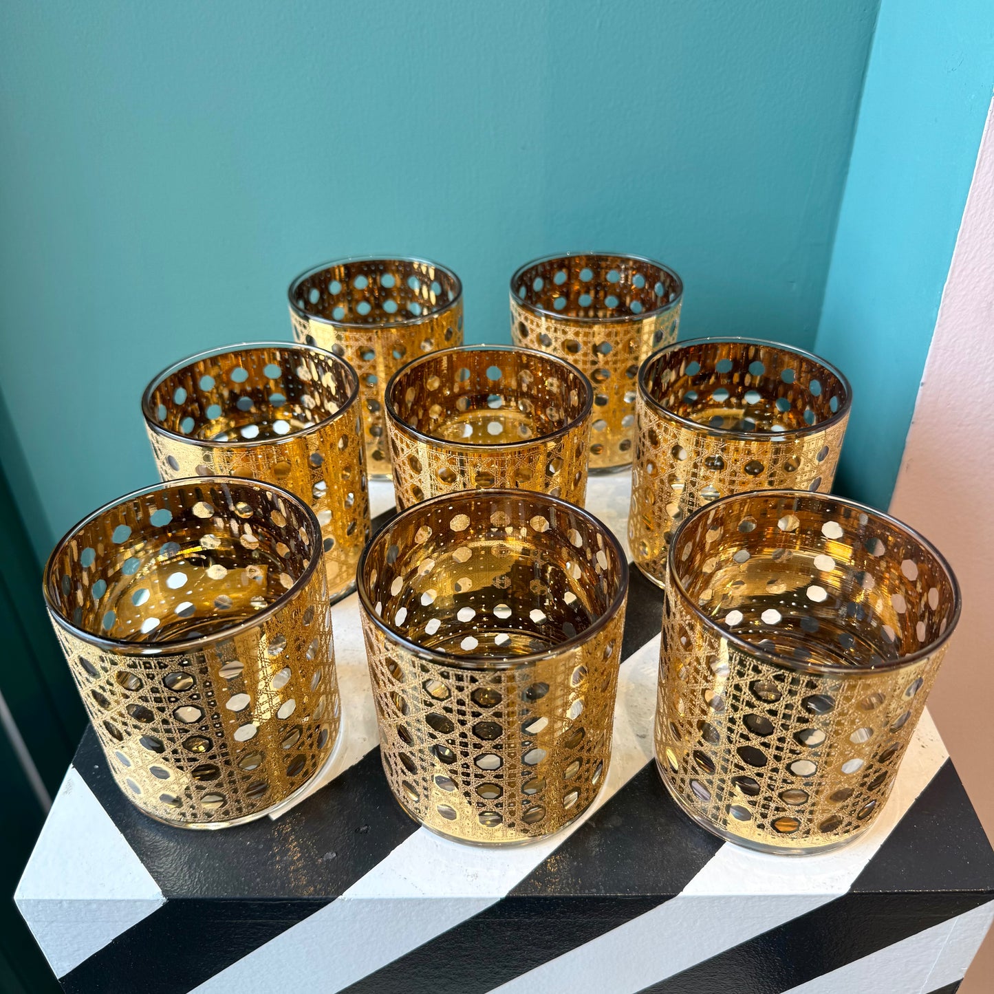 Set of 4 Vintage Gold Cannella Rattan Rocks Glasses by Culver