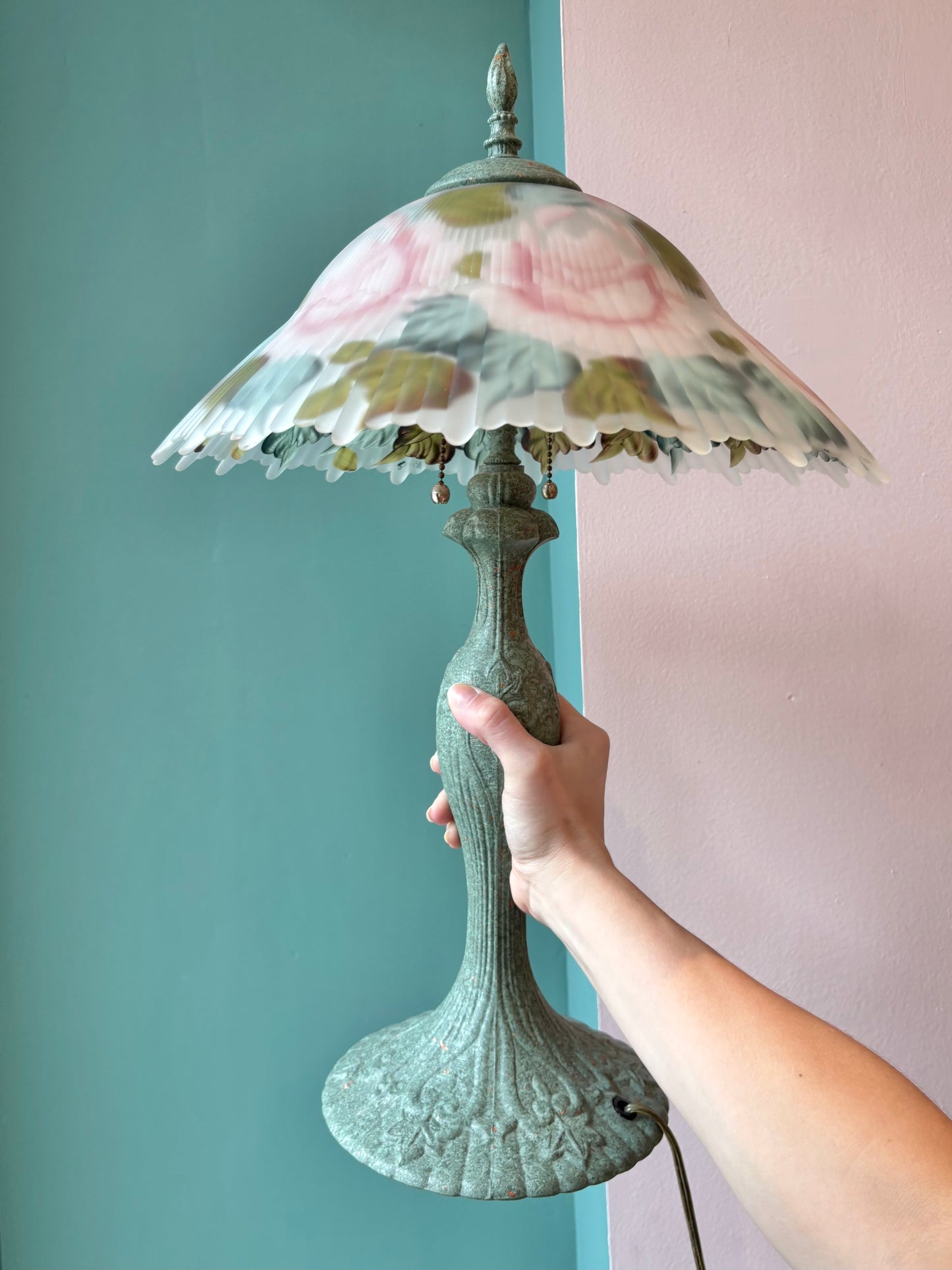 Vintage Tiffany Style Hand Painted Floral Glass Lamp