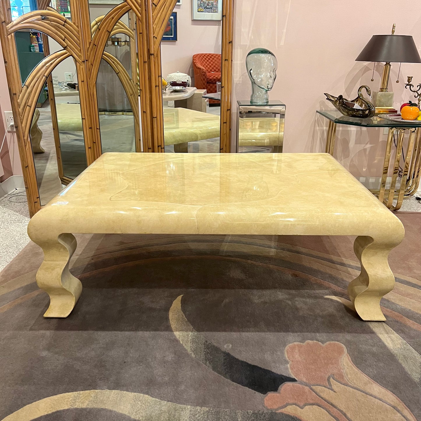 Vintage Faux Goatskin Lacquer Wavy Leg Coffee Table