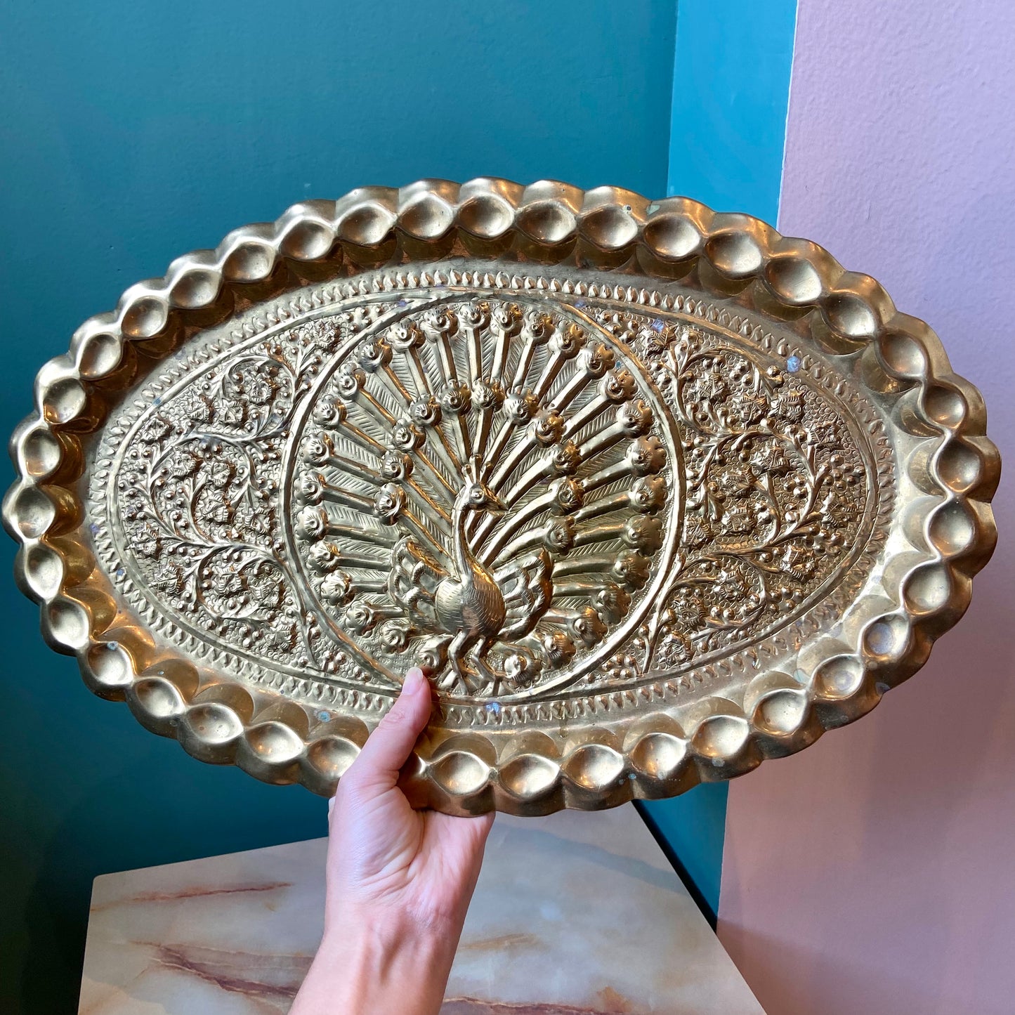 Vintage Brass Peacock Embossed Decorative Tray/Wall Hanging