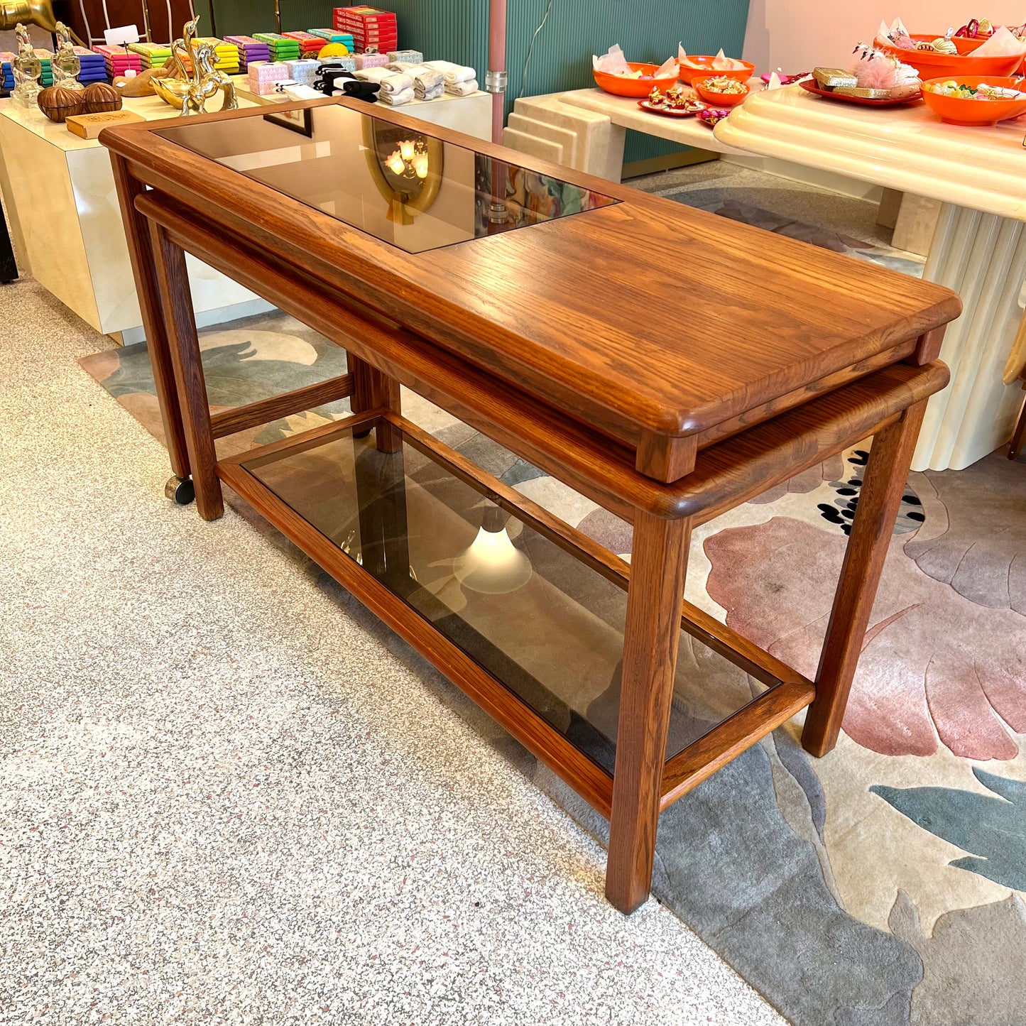 Vintage Lou Hodges Style Oak and Smoked Glass Swiveling Console/Desk