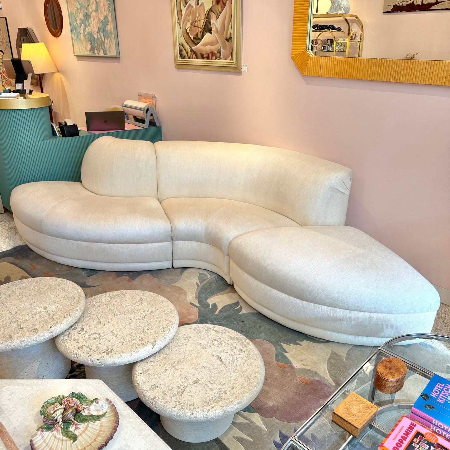 Vintage Three Piece Serpentine Ivory Sectional Sofa