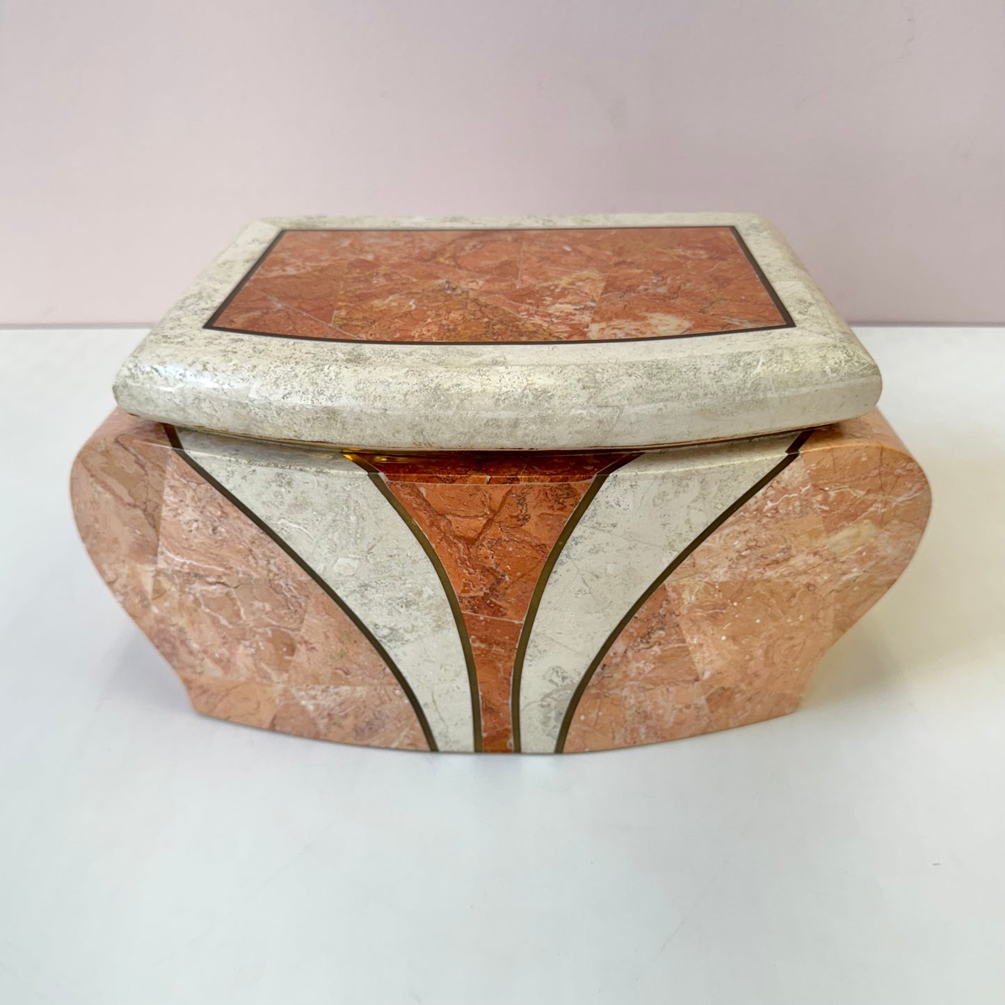 Vintage Maitland Smith Style Pink and Cream Tessellated Stone Box