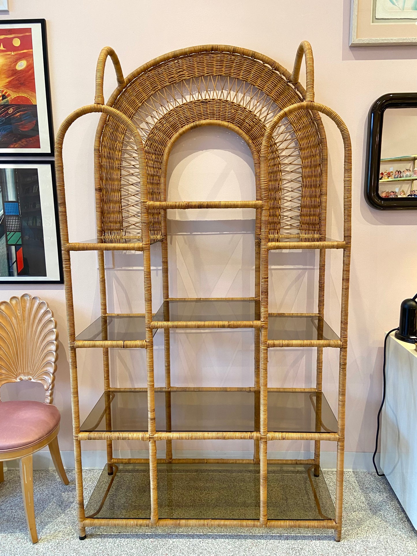 Vintage Wicker Rattan Etagere with Smoked Glass