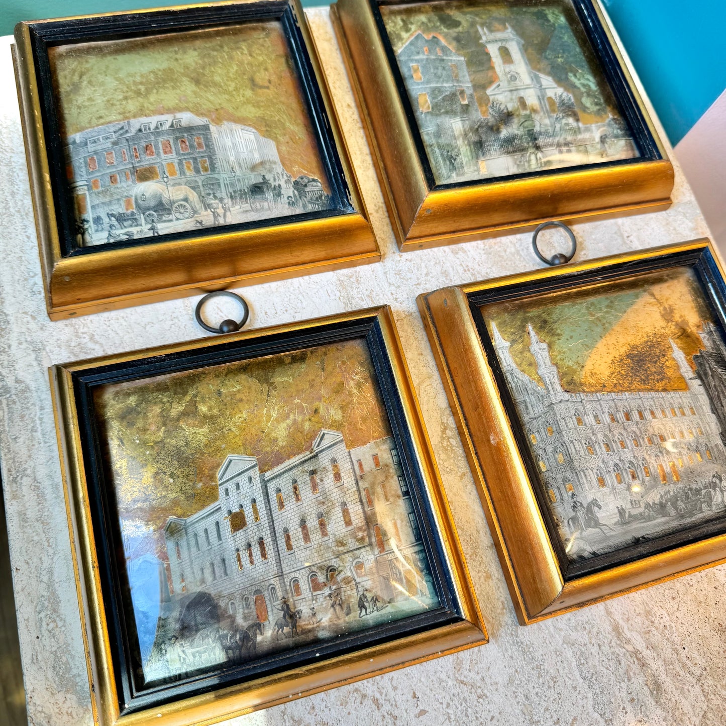 Set of 4 Antique Framed Sungott Decoupage Gold Leaf Convex Glass Artworks