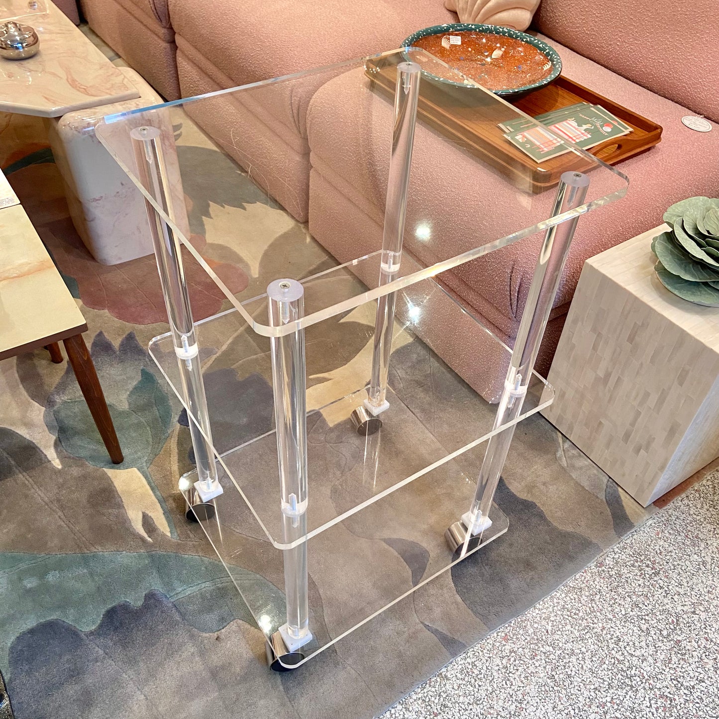 Vintage 3 Tier Lucite Rolling Shelf