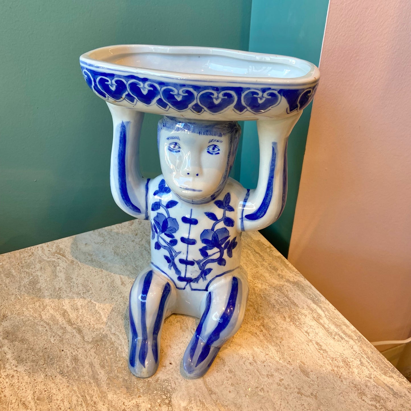 Vintage Chinoiserie Porcelain Monkey Holding a Bowl Statue