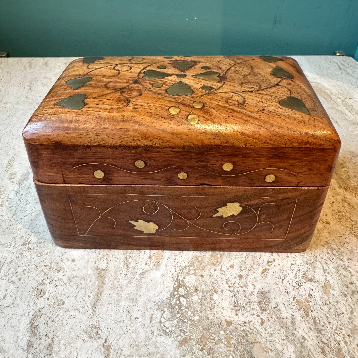 Vintage Wooden Playing Card Box with Brass Heart Inlay and Cards