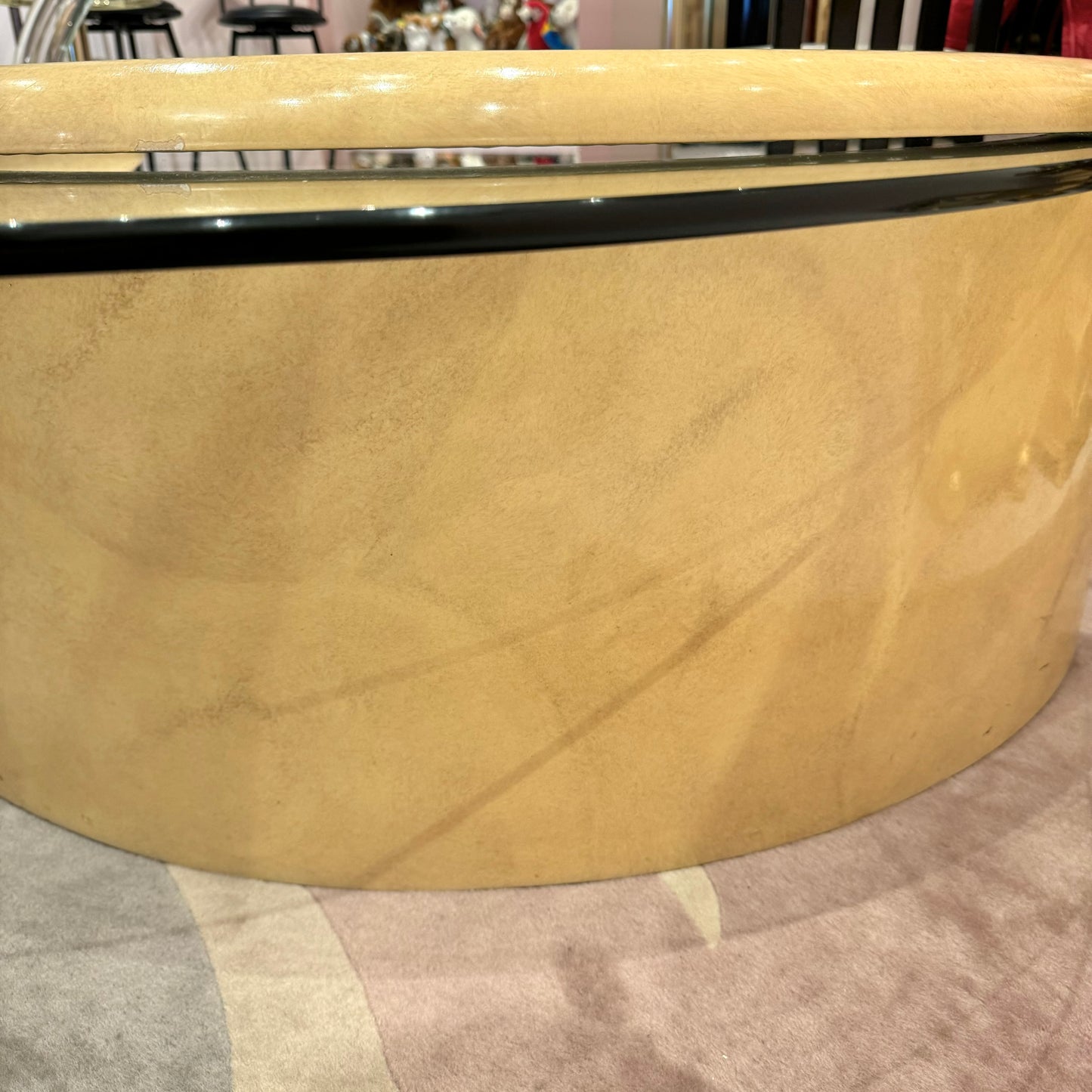 Vintage Round Coffee Table with Half Moon Faux Goatskin Base
