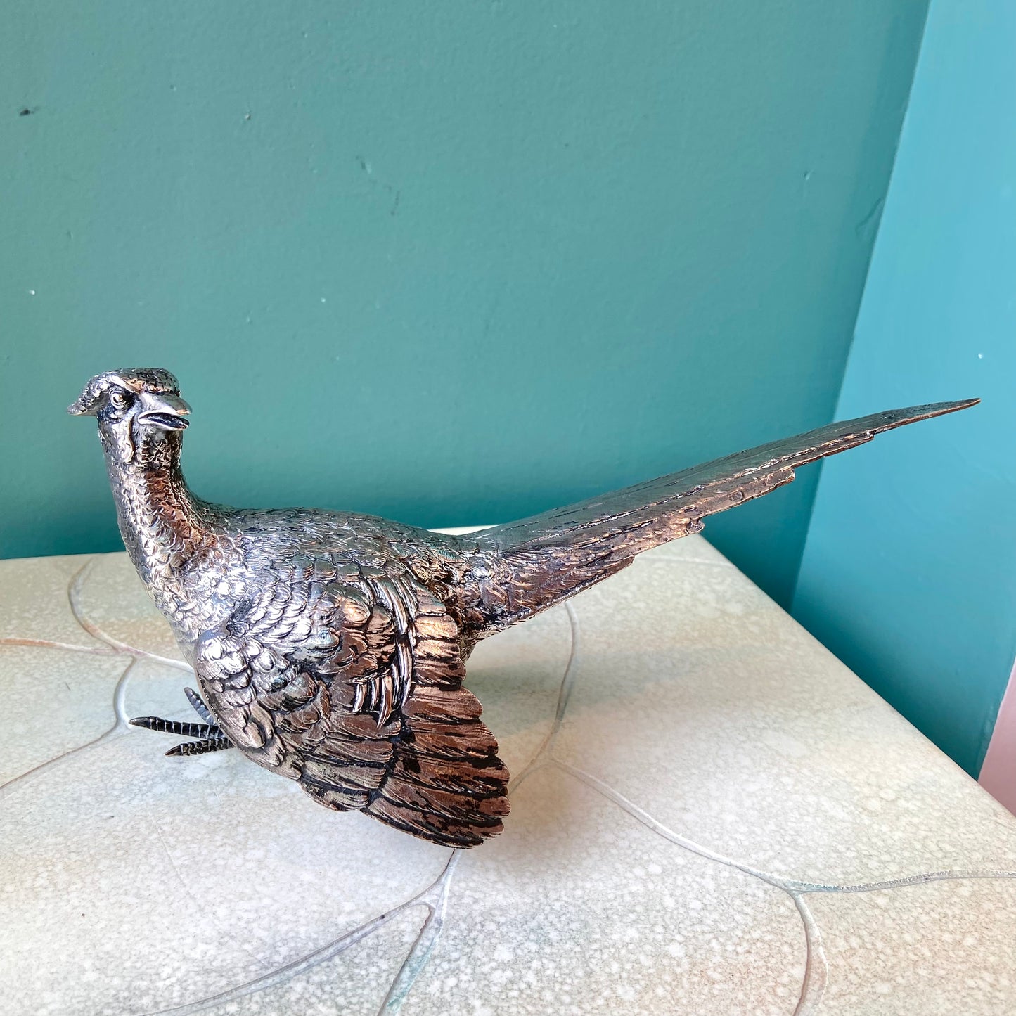 Pair of Antique Silver Plated Pheasant Bird Statues