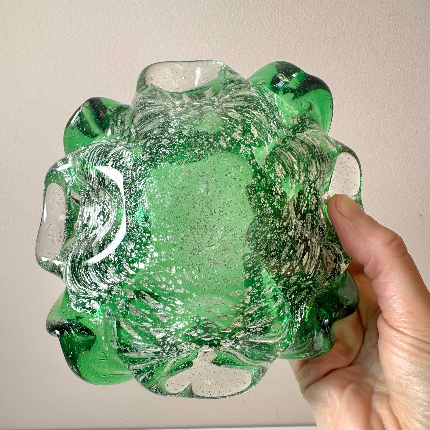 Vintage Green and Silver Leaf Murano Glass Bowl