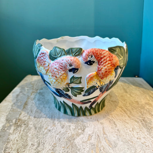 Vintage Portuguese Hand Painted Parrot Planter Bowl