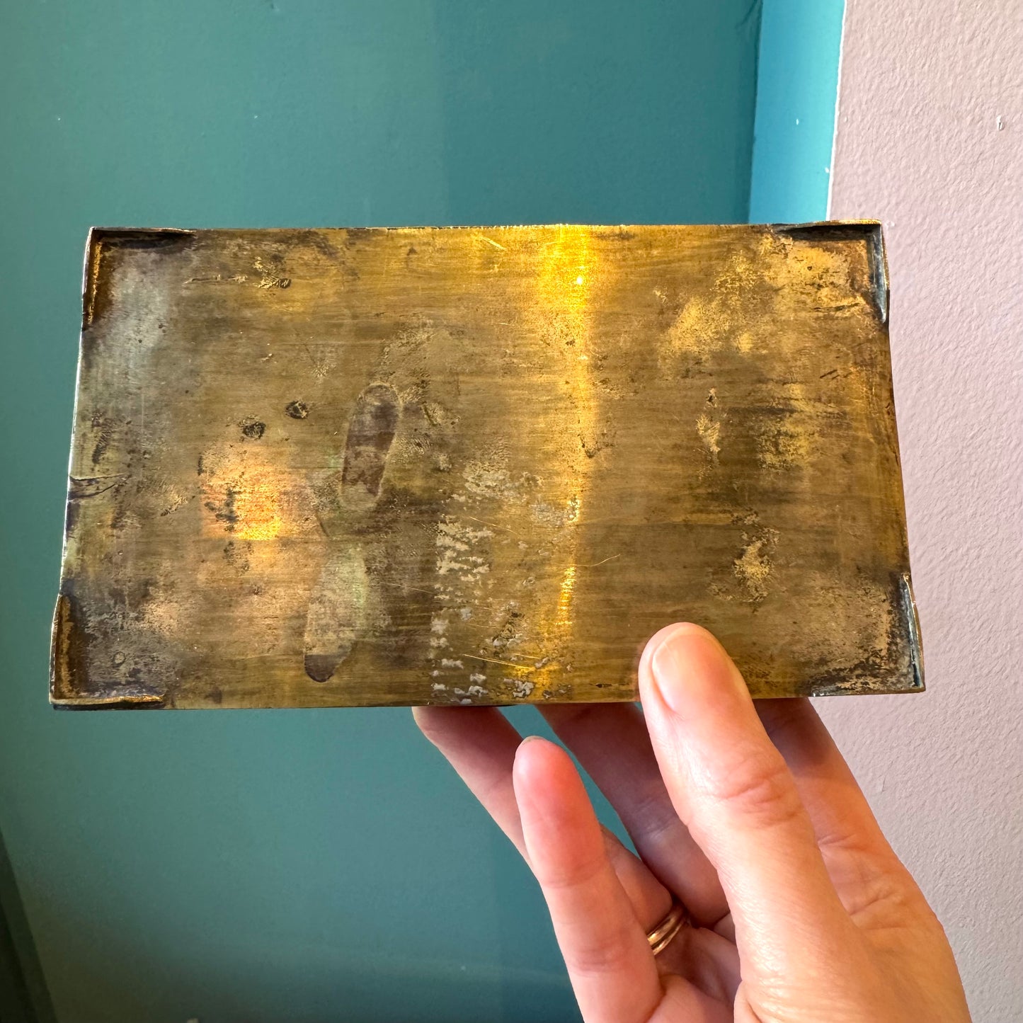 Antique Brass Box with Mosaic Turquoise Stone Design