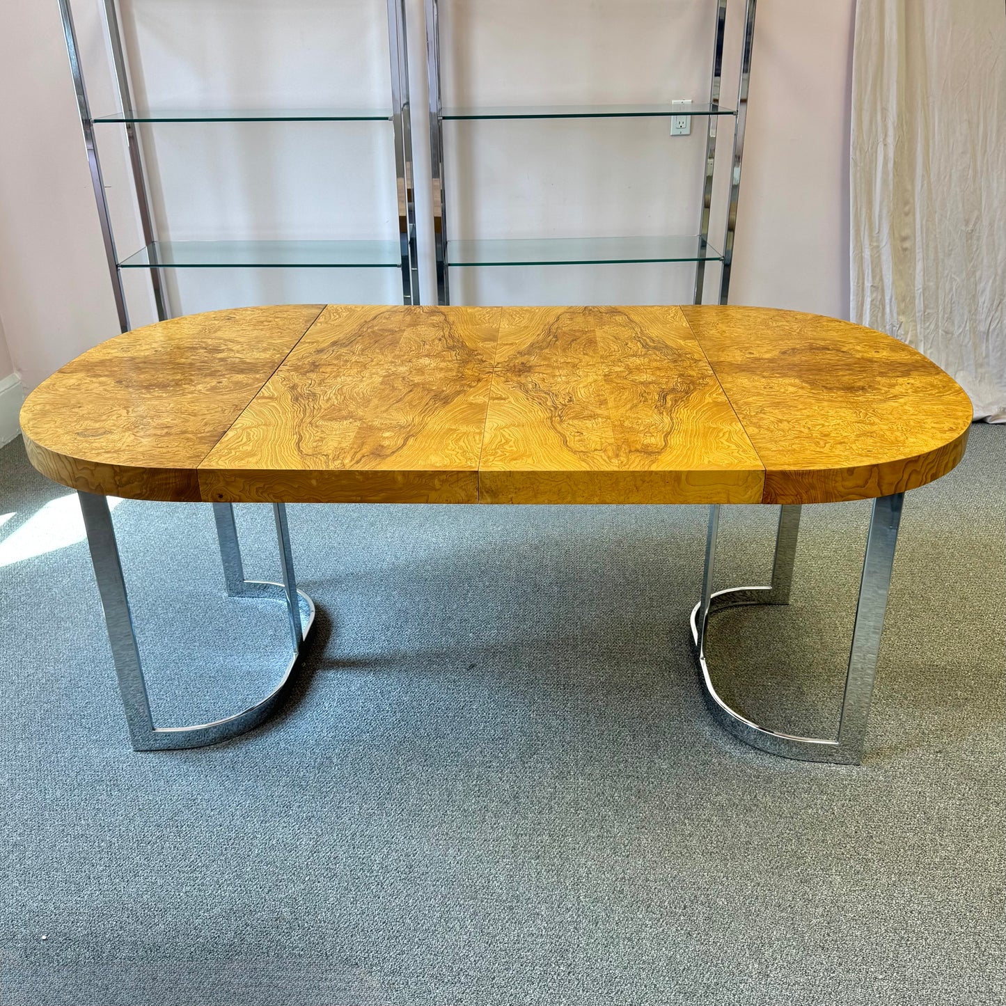 Vintage Milo Baughman Style Extendable Oval Burl and Chrome Dining Table