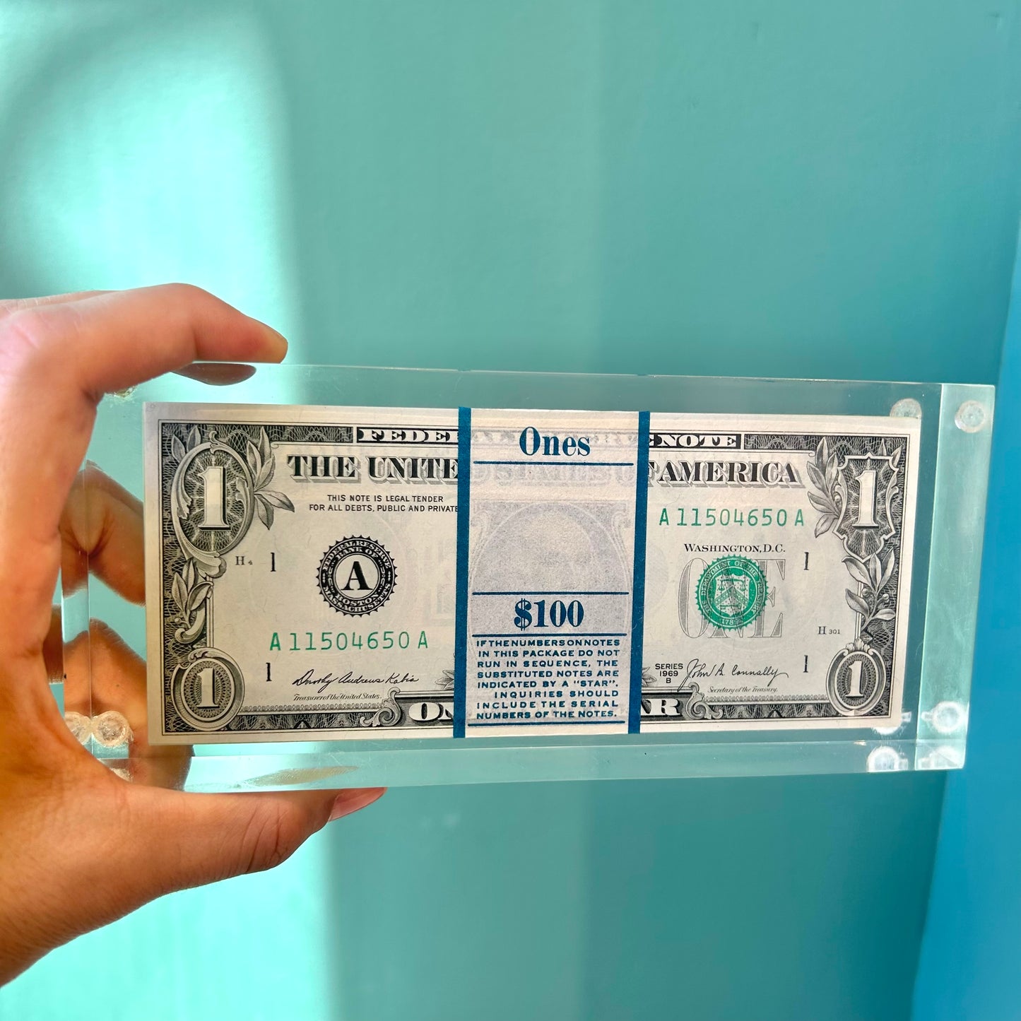 Vintage Lucite 1969 Stacked $100 One Dollar Bills Paperweight