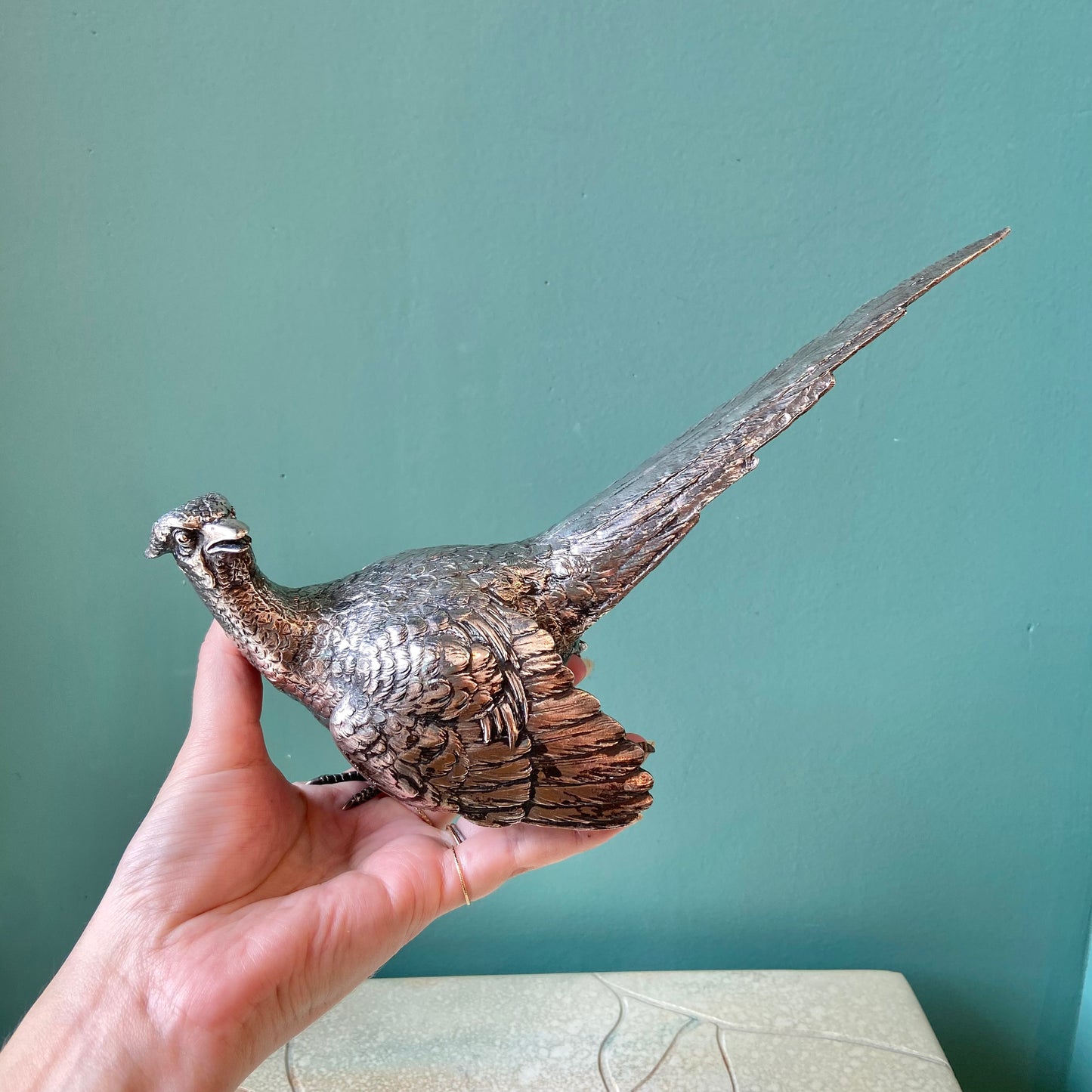 Pair of Antique Silver Plated Pheasant Bird Statues