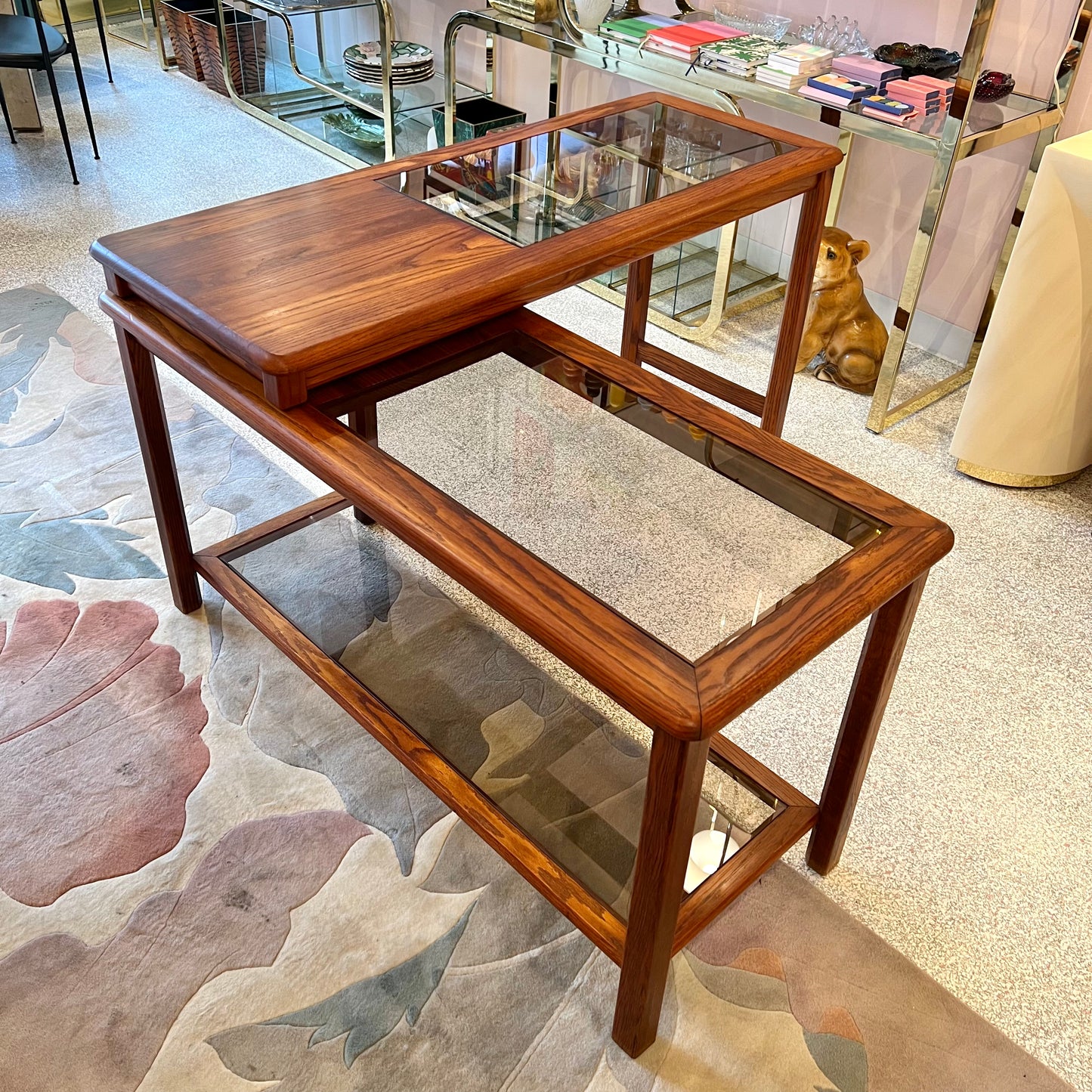 Vintage Lou Hodges Style Oak and Smoked Glass Swiveling Console/Desk