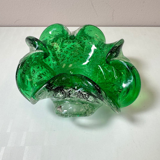 Vintage Green and Silver Leaf Murano Glass Bowl