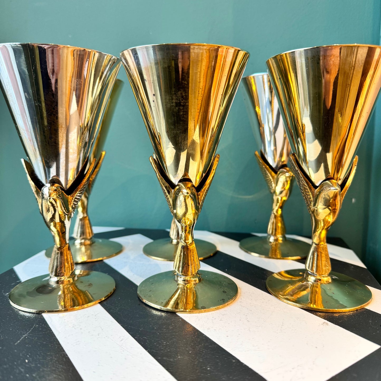 Set of 6 Vintage Silver Plated and Brass Dove Flute Glasses by Godinger