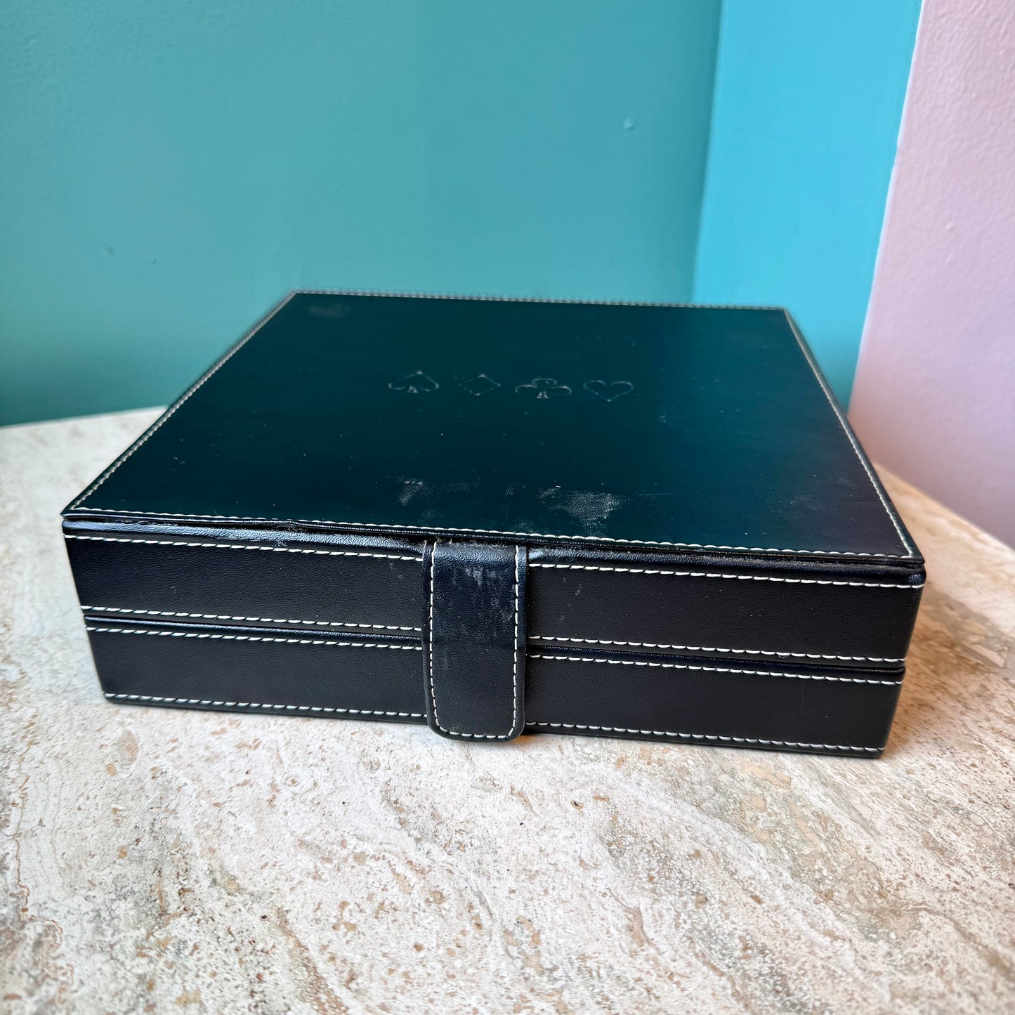 Vintage Black Faux Leather Poker Playing Card Box Set