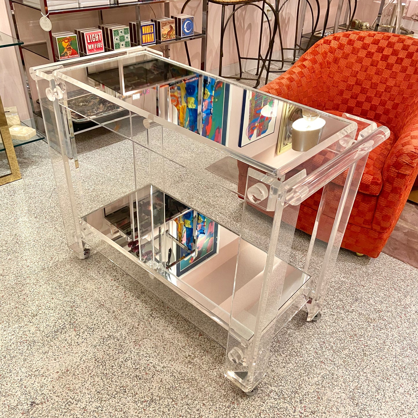 Charles Hollis Jones Style 1980’s Lucite and Mirror 2 Tier Rolling Bar Cart