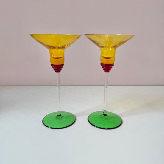 Pair of Vintage Memphis Style Glass Candle Holders 8"