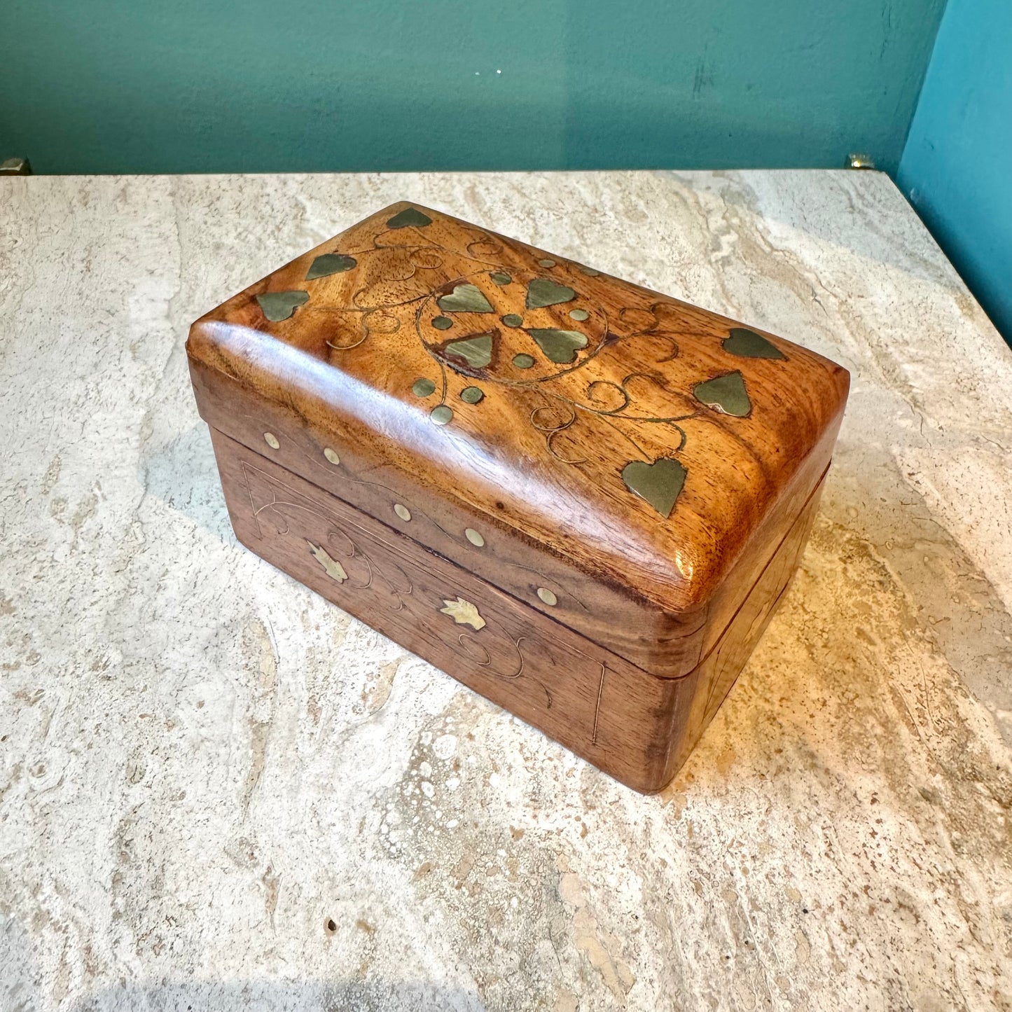 Vintage Wooden Playing Card Box with Brass Heart Inlay and Cards